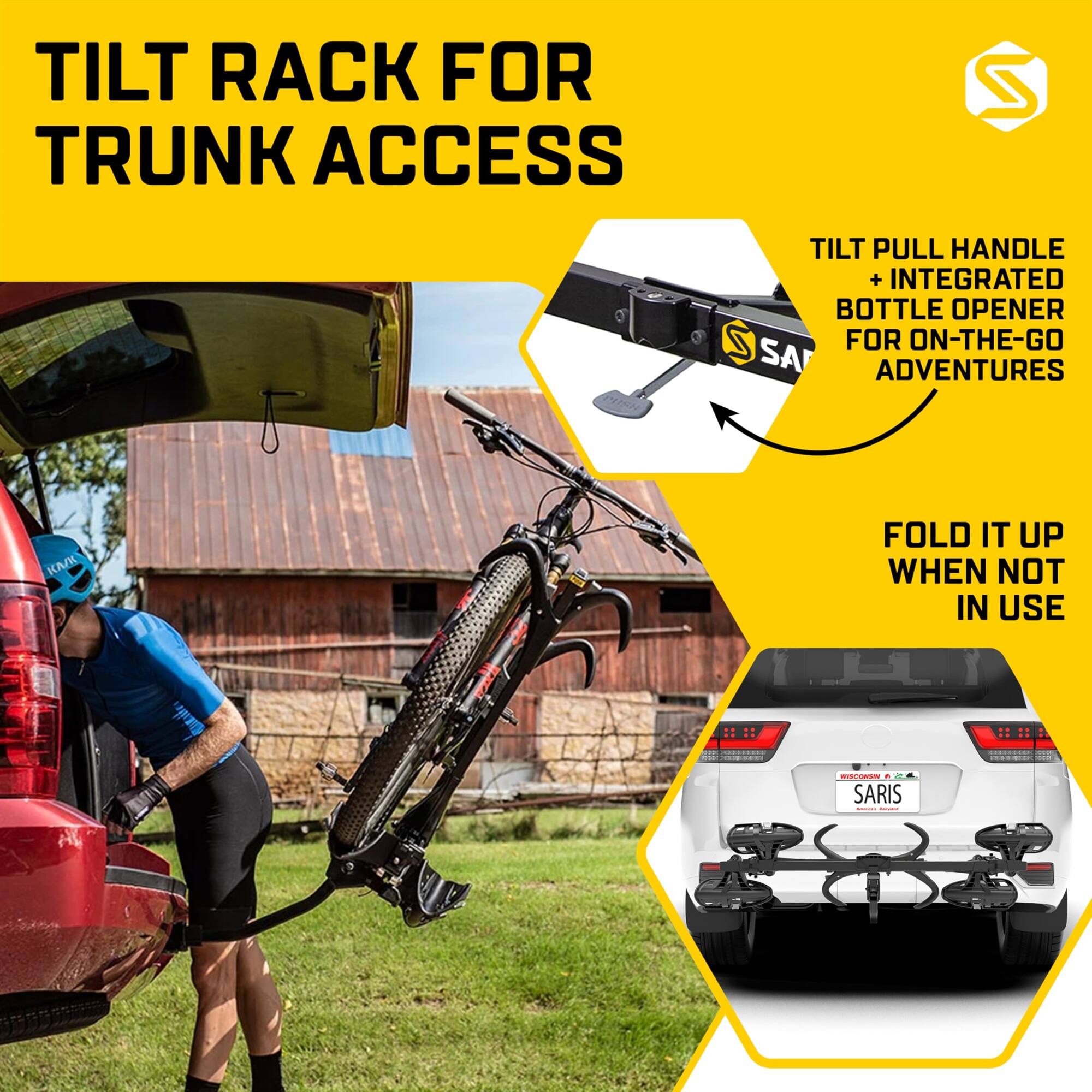 TILT RACK FOR TRUNK ACCESS
TILT PULL HANDLE + INTEGRATED BOTTLE OPENER FOR ON-THE-GO ADVENTURES
FOLD IT UP WHEN NOT IN USE