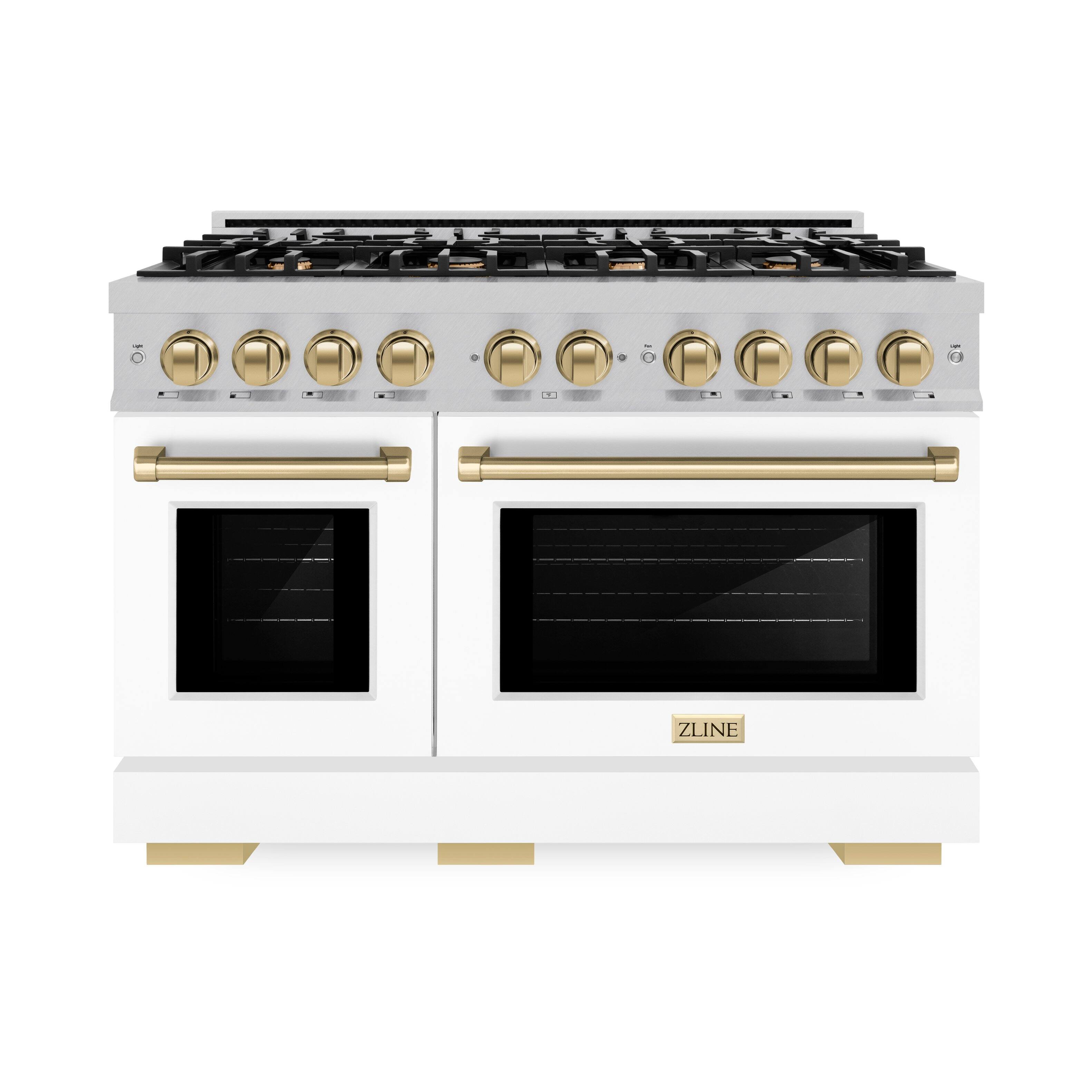 Angle. ZLINE - ZLINE Autograph 48 in. 6.7 cu. ft. Freestanding Select Satin Steel Gas Range w/ White Doors & Bronze Accents - Satin Stainless Steel.
