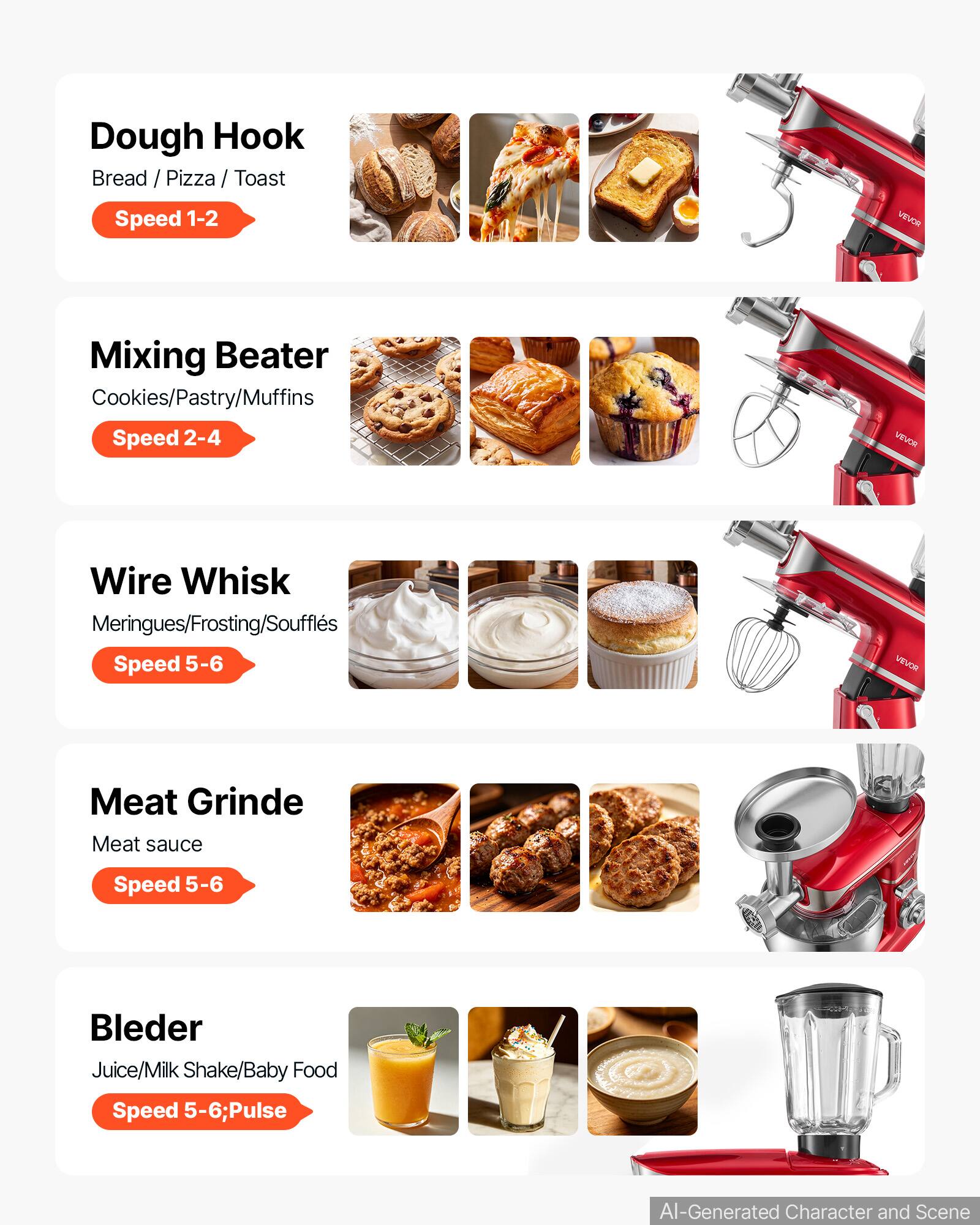 Dough Hook  
Bread / Pizza / Toast  
Speed 1-2  

Mixing Beater  
Cookies/Pastry/Muffins  
Speed 2-4  

Wire Whisk  
Meringues/Frosting/Soufflés  
Speed 5-6  

Meat Grinde  
Meat sauce  
Speed 5-6  

Bleder  
Juice/Milk Shake/Baby Food  
Speed 5-6; Pulse  

AI-Generated Character and Scene
