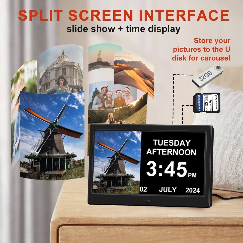 SPLIT SCREEN INTERFACE  
slide show + time display  

Store your pictures to the U disk for carousel  

32GB din supporting 32GB capacity to Card Memory  

TUESDAY AFTERNOON  
3:45 PM  
02 JULY 2024