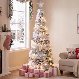 Costway - 7 ft Pop Up Flocked Christmas Tree with 73 Xmas Balls 180 Pre-Lit LED Lights Ribbon - Green & White