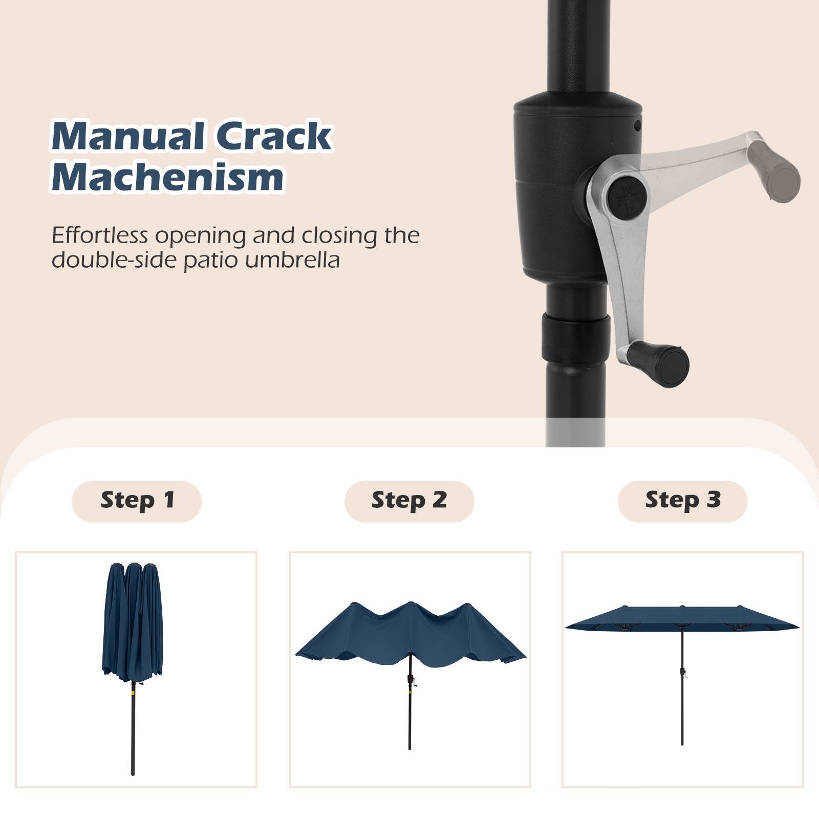 Manual Crack Mechanism
Effortless opening and closing the double-side patio umbrella
Step 1
Step 2
Step 3