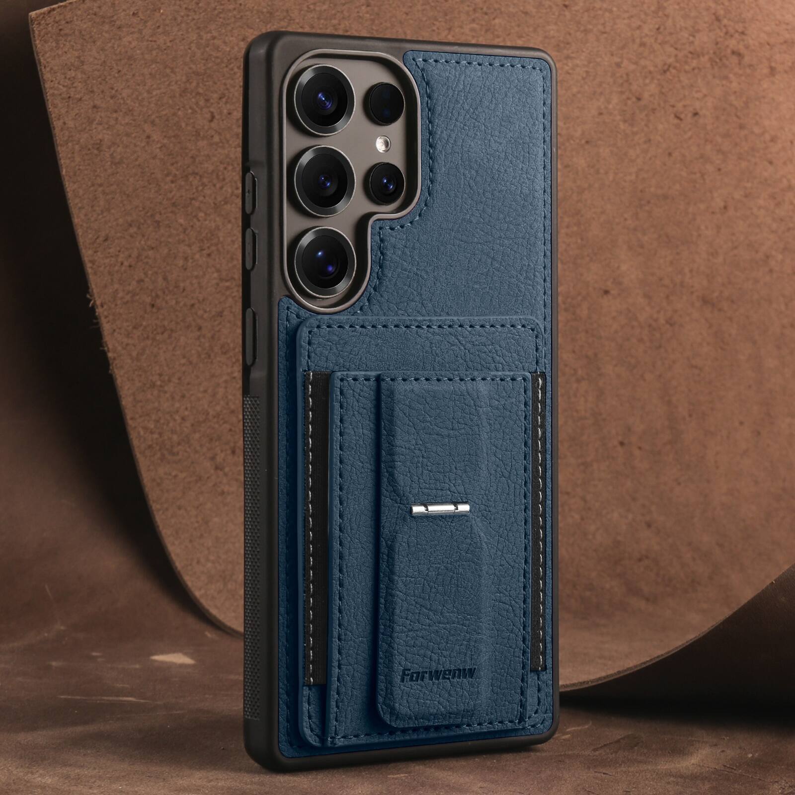 Back. Dteck - Slim Card Holder Case for Samsung Galaxy S26 Ultra, Shockproof Wallet Protective Cover with Kickstand - Blue.