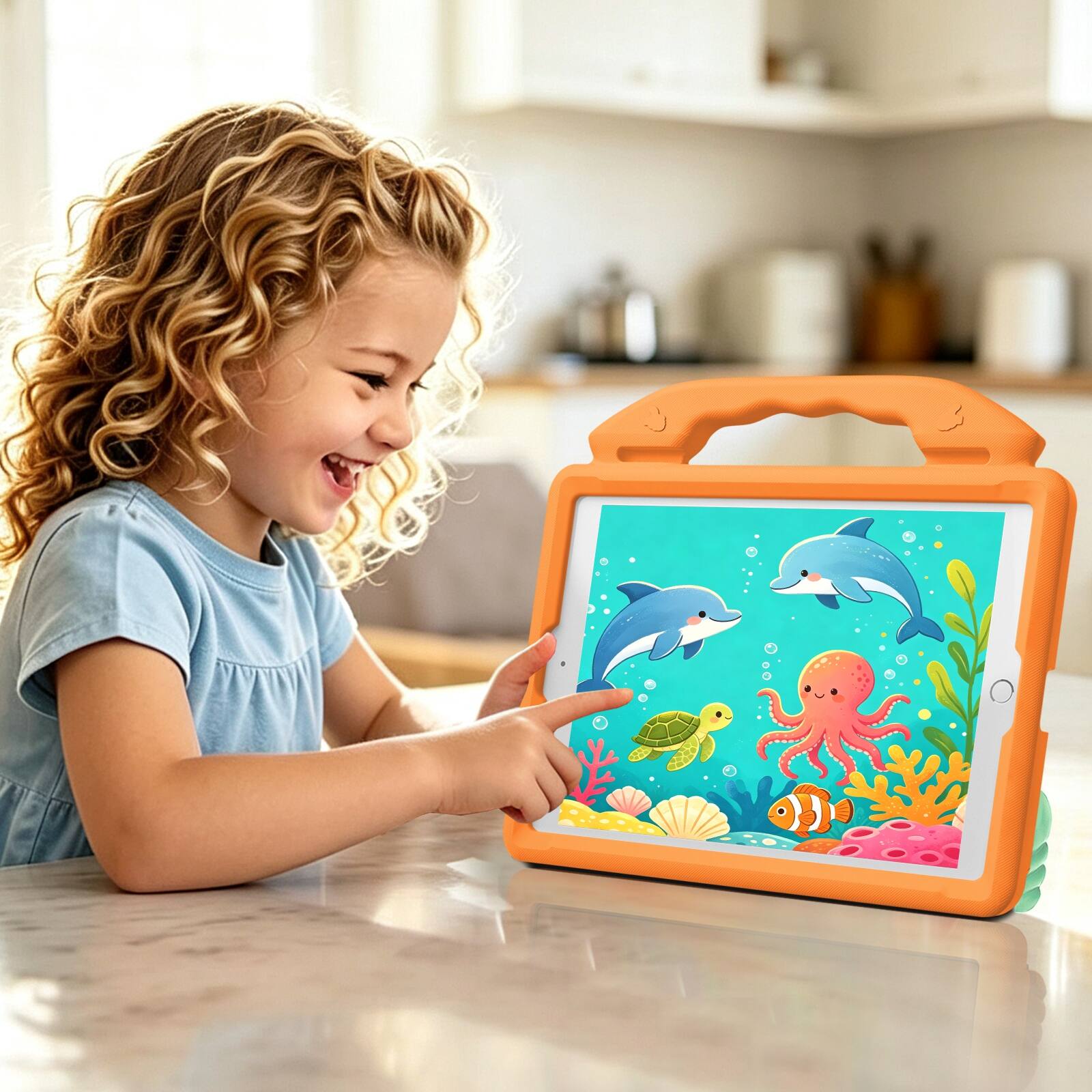 Alt View 2. UUCOVER - Kids Case for iPad 9th 8th 7th Gen 10.2-inch (2021/2020/2019) Shockproof EVA Handle Stand Anti-Slip Protective Cover - Orange.