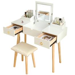 Ecooso - Vanity Desk with LED Lighted Mirror, Power Outlet, Flip-Top Drawers & Cabinet - Gold, White