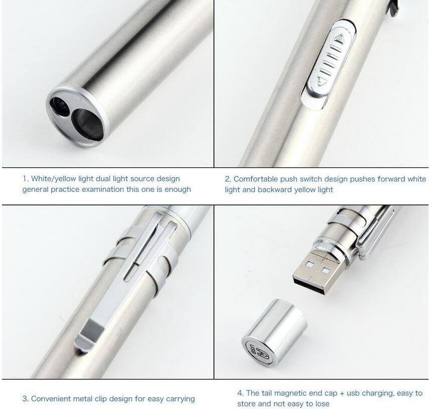 1. White/yellow light dual light source design general practice examination this one is enough  
2. Comfortable push switch design pushes forward white light and backward yellow light  
3. Convenient metal clip design for easy carrying  
4. The tail magnetic end cap + usb charging, easy to store and not easy to lose