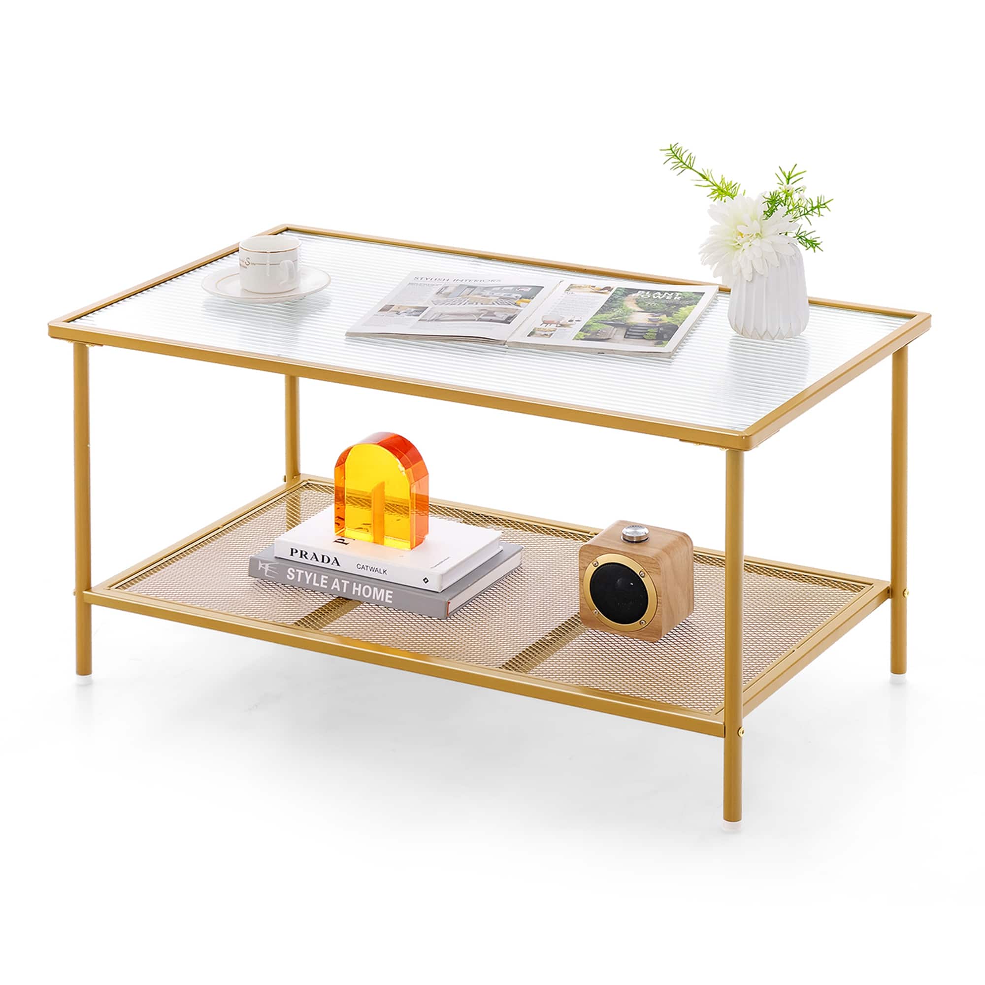 Costway - 2-Tier Coffee Table with Shelf with Tempered Glass Top & Metal Frame Living Room - Golden