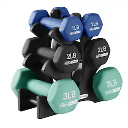 HolaHatha - 1, 2 and 3 lb Neoprene Dumbbell Strength Training Weight Set with Rack - Multicolor