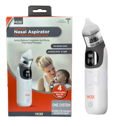 MOBI DOCTOR RECOMMENDED Automatic Nasal Aspirator with Adjustable Suction Level Safely Remove Congestion And Mucus From Nasal Passages Five Suction Levels Soothing Music & Light 8-8 ... 8-8 MOBI 4 Soft & Flexible Nose Tip Sizes MOBI ONE SYSTEM MOBI Included in the Packaging See Back for Details