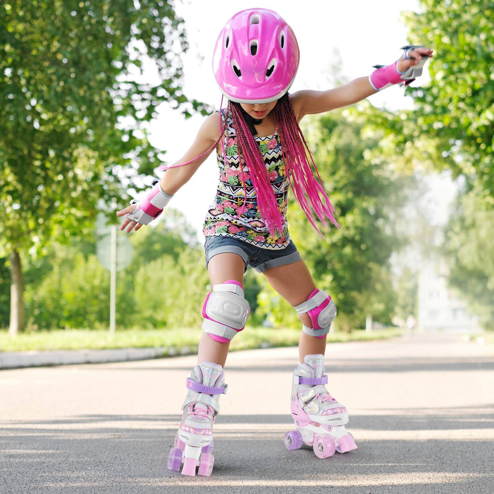 Alt View 3. Costway - Costway Kids Roller Skates 4 Sizes Adjustable Quad Skates with Light-up Wheels for Ages 5-8 - Pink.