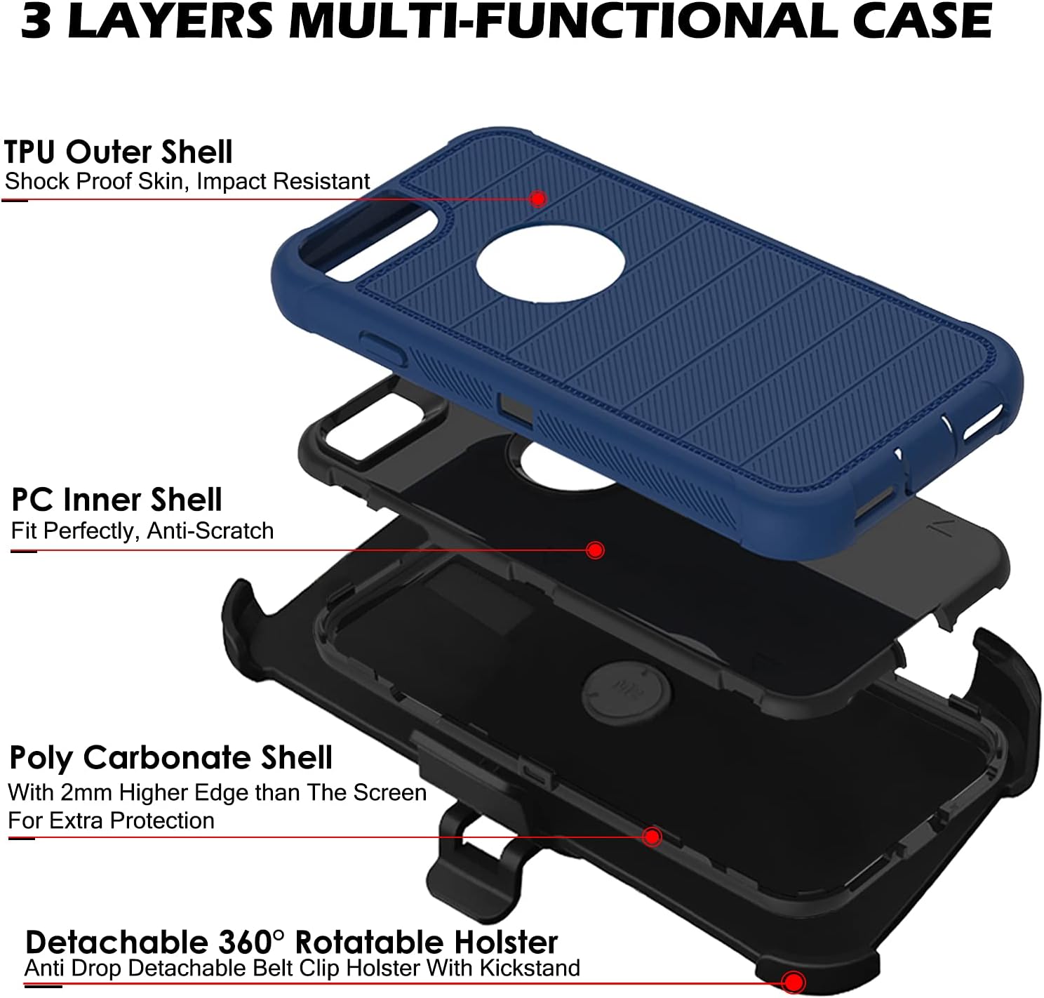 3 LAYERS MULTI-FUNCTIONAL CASE

TPU Outer Shell
Shock Proof Skin, Impact Resistant

PC Inner Shell
Fit Perfectly, Anti-Scratch

Poly Carbonate Shell
With 2mm Higher Edge than The Screen For Extra Protection

Detachable 360° Rotatable Holster
Anti Drop Detachable Belt Clip Holster With Kickstand