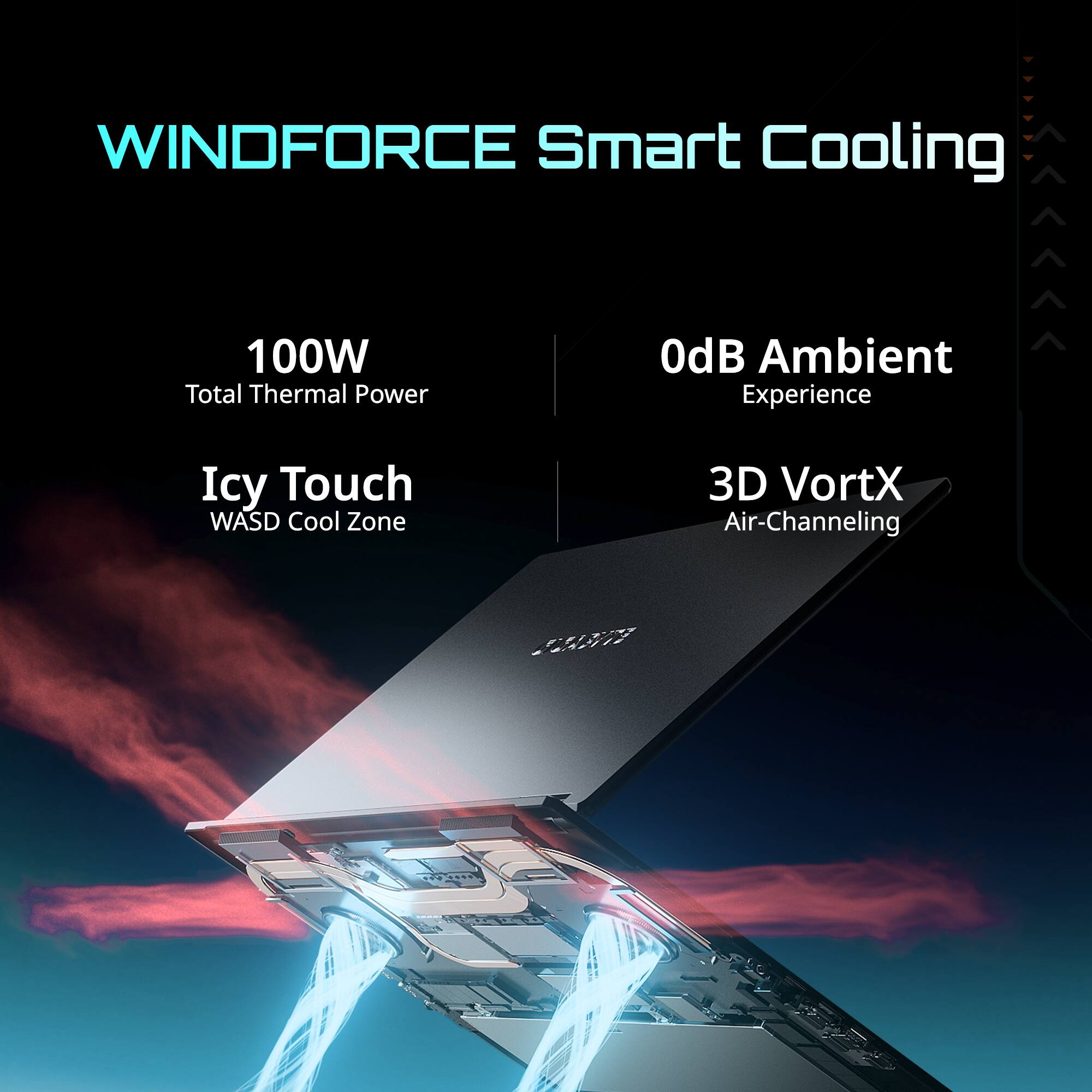 WINDFORCE Smart Cooling  
100W Total Thermal Power  
OdB Ambient Experience  
Icy Touch WASD Cool Zone  
3D VortX Air-Channeling