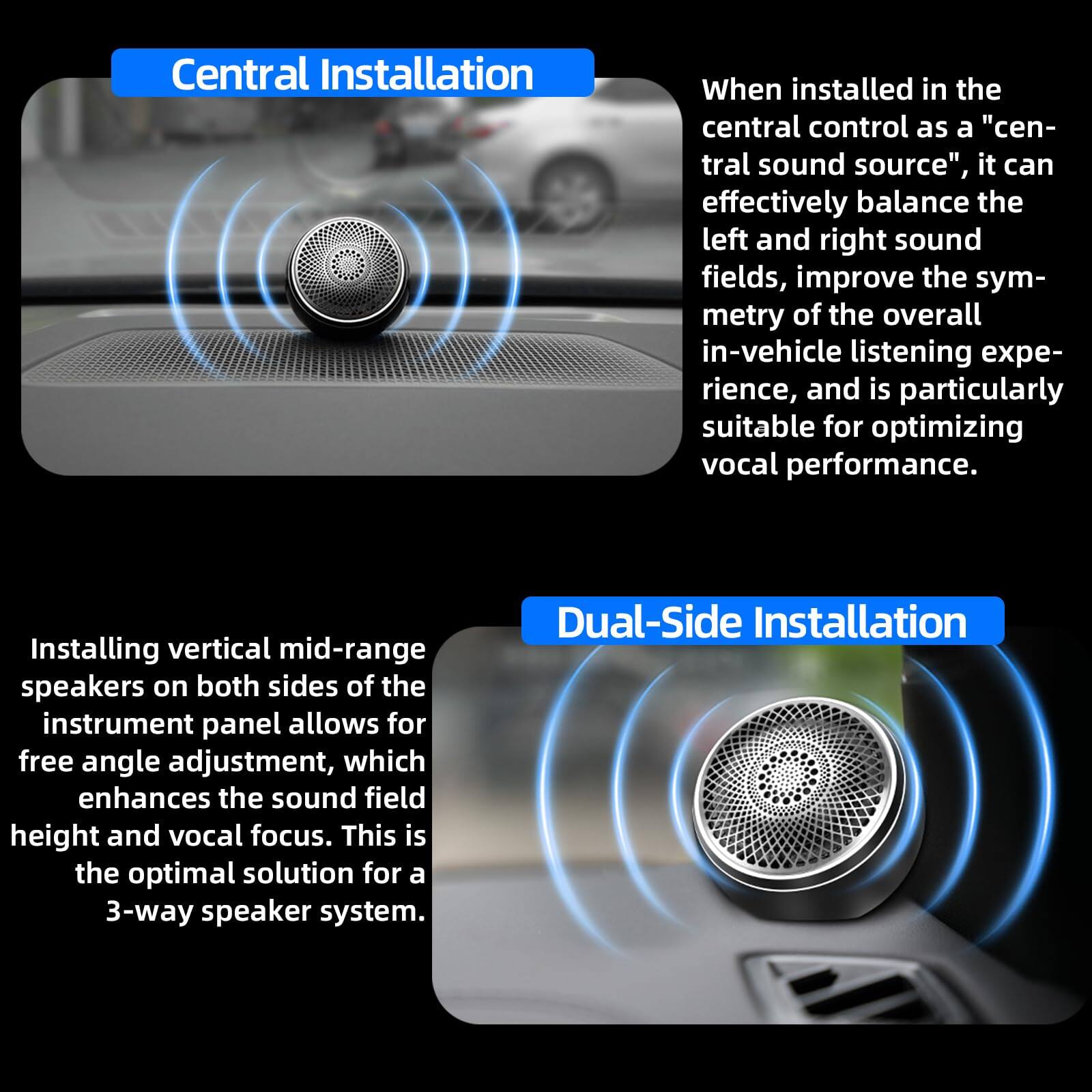 **Central Installation**

When installed in the central control as a "central sound source", it can effectively balance the left and right sound fields, improve the symmetry of the overall in-vehicle listening experience, and is particularly suitable for optimizing vocal performance.

**Dual-Side Installation**

Installing vertical mid-range speakers on both sides of the instrument panel allows for free angle adjustment, which enhances the sound field height and vocal focus. This is the optimal solution for a 3-way speaker system.