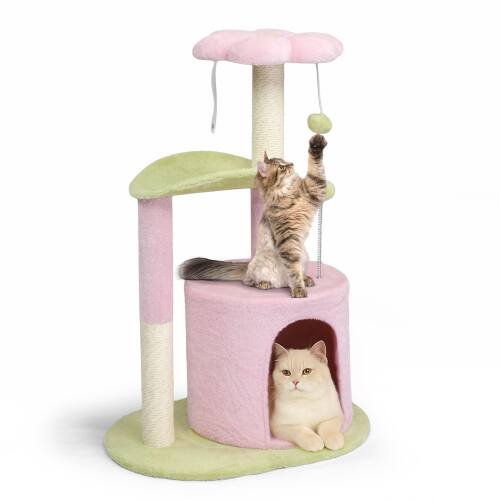 Alt View 5. Winado - 33in Cat Tree Tower with Cat Scratching Post Condo 2-Toy Balls Pink House for Indoor - Pink & Green.