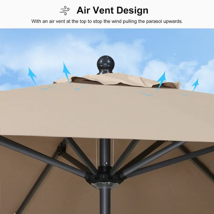 Air Vent Design  
With an air vent at the top to stop the wind pulling the parasol upwards.