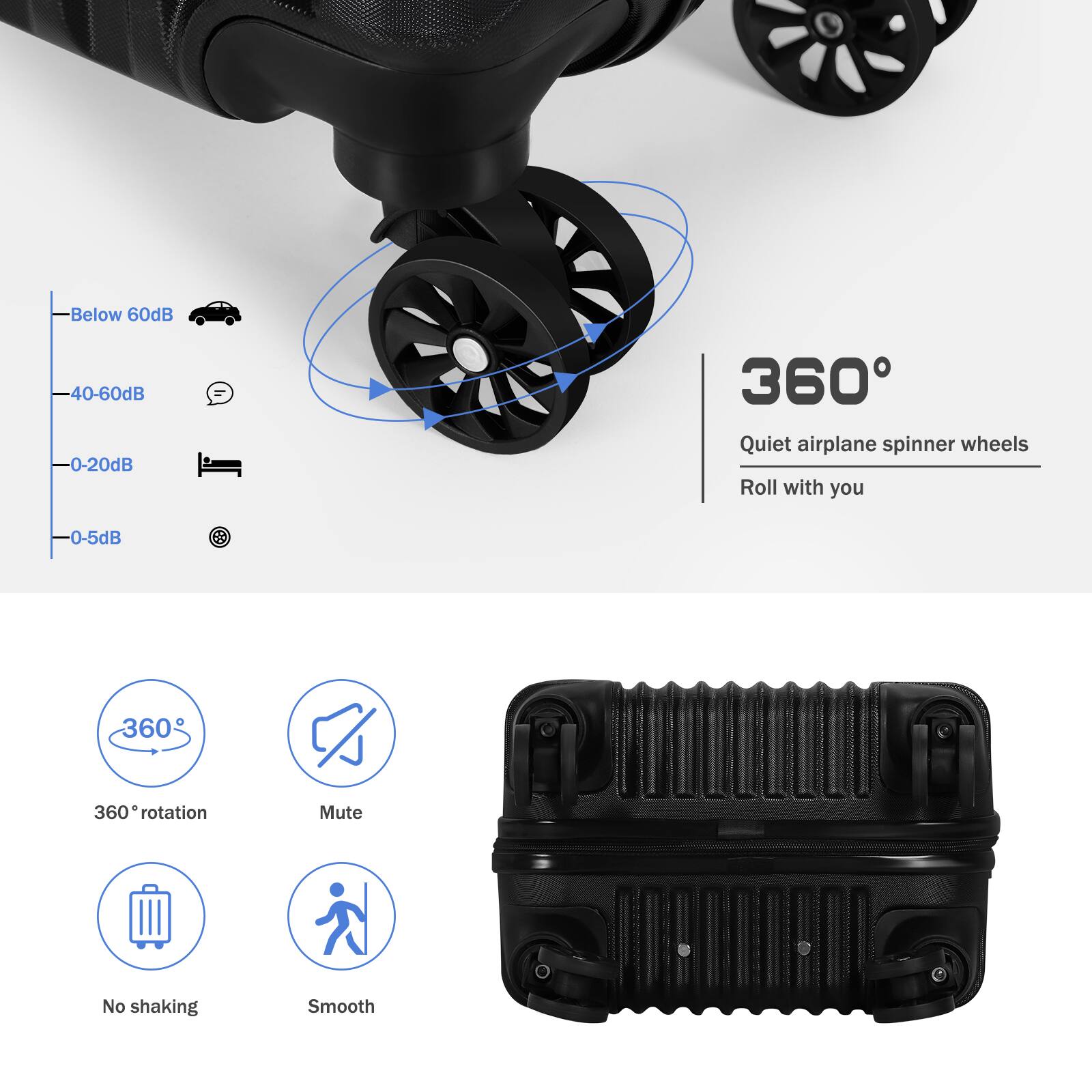 Below 60dB  
40-60dB  
0-20dB  
0-5dB  

360° Quiet airplane spinner wheels  
Roll with you  

360° rotation  
Mute  
No shaking  
Smooth
