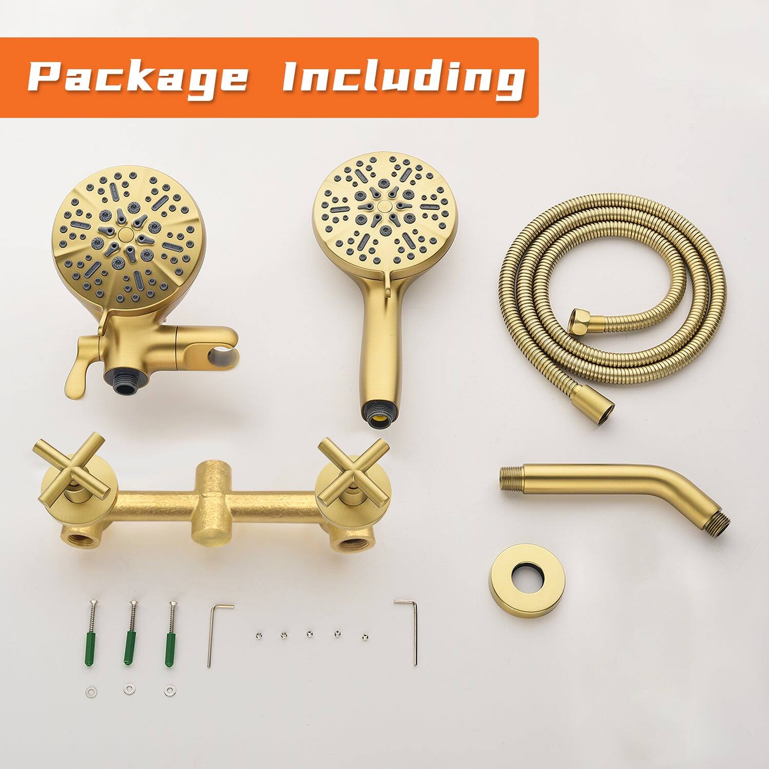 Package Including

- Showerhead
- Handheld showerhead
- Flexible hose
- Shower arm
- Drain cover
- Mounting hardware (screws, washers, etc.)