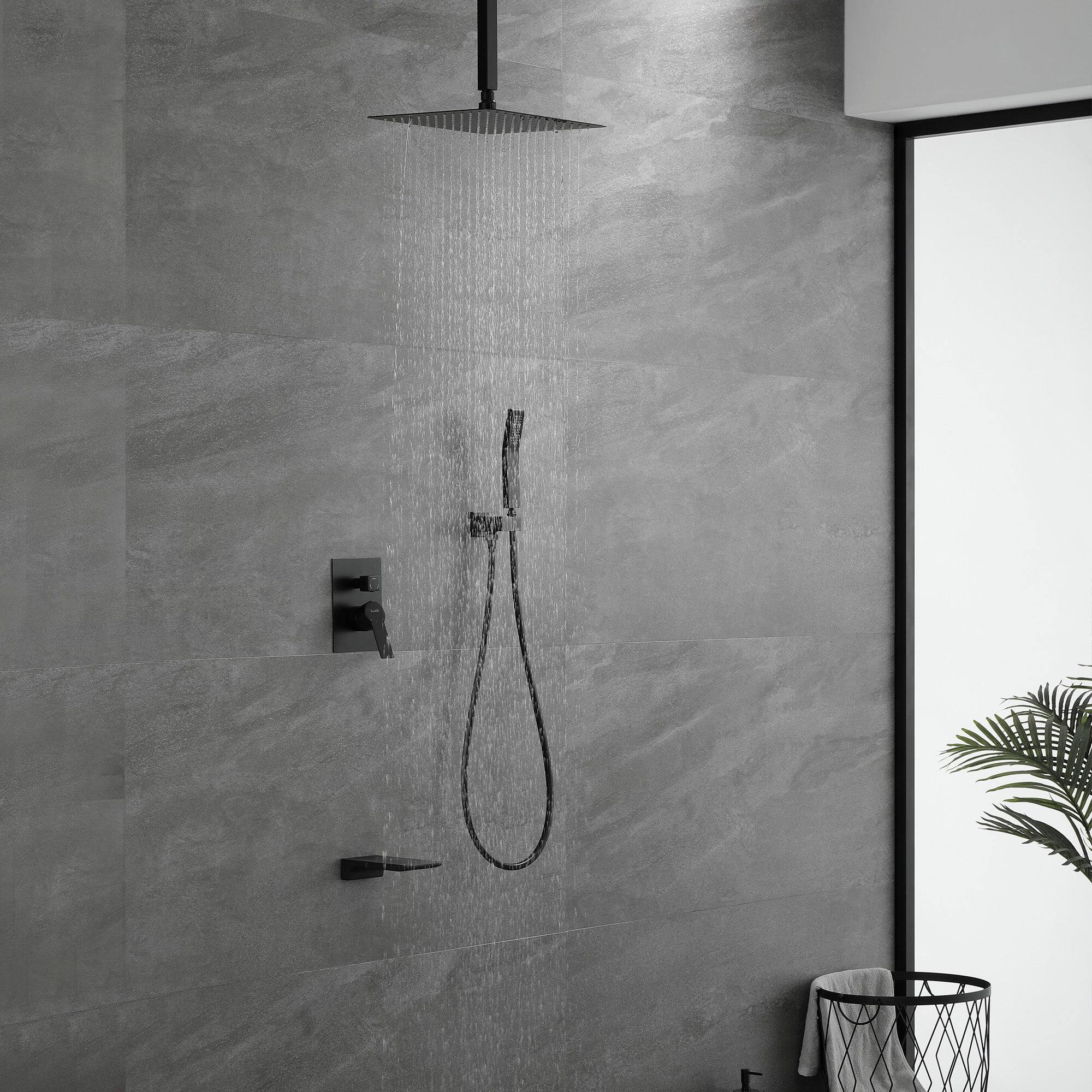 Angle. Boyel Living - Ceiling Mount Single-Handle 1-Spray Tub and Shower Faucet with 12 in. Fixed Shower Head in Matte Black (Valve Included) - Matte Black.