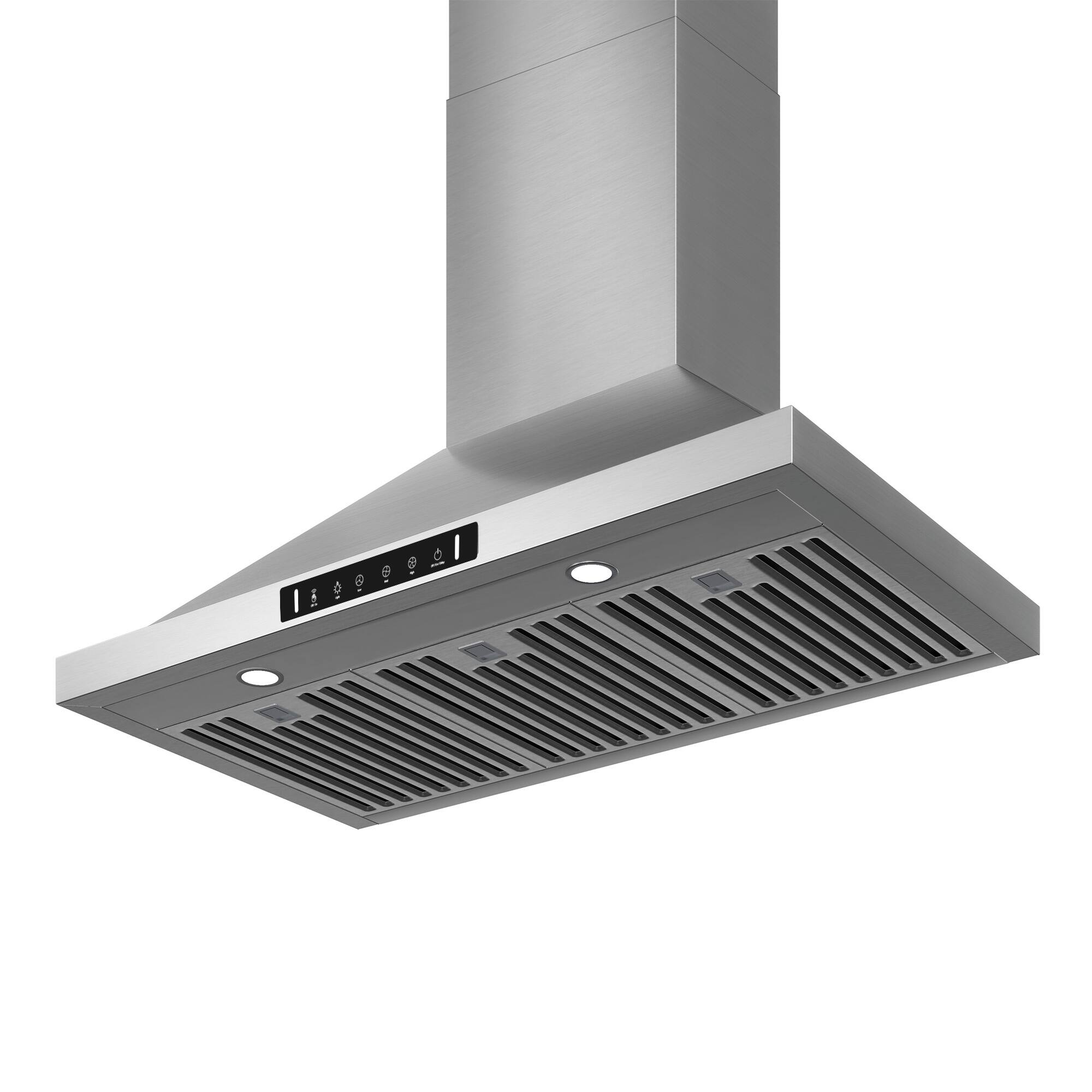 Angle. VIKIO - 36 inch Convertible 900-CFM Recirculating Stainless steel Wall-Mounted Range Hood with Charcoal Filter - Stainless steel.