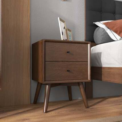 Front. LUCKY ONE - 23.6" Assembled Mid Century Nightstand 2-Drawer Solid Wood - Dark Brown.