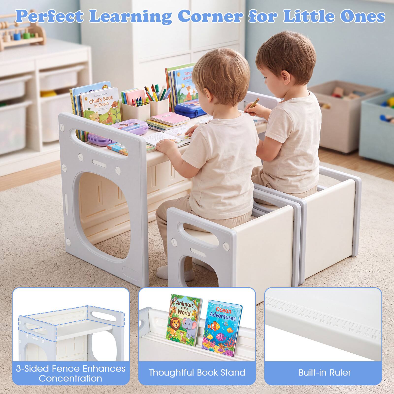 Perfect Learning Corner for Little Ones

Tro-s Lagomic
SamMy Ama Child's Books in Gooin
Animals di the World Ocean Adventures
74 25 26 27 28 29 DE 31   34 35 36 TE
39

3-Sided Fence Enhances Thoughtful Book Stand Concentration
Built-in Ruler