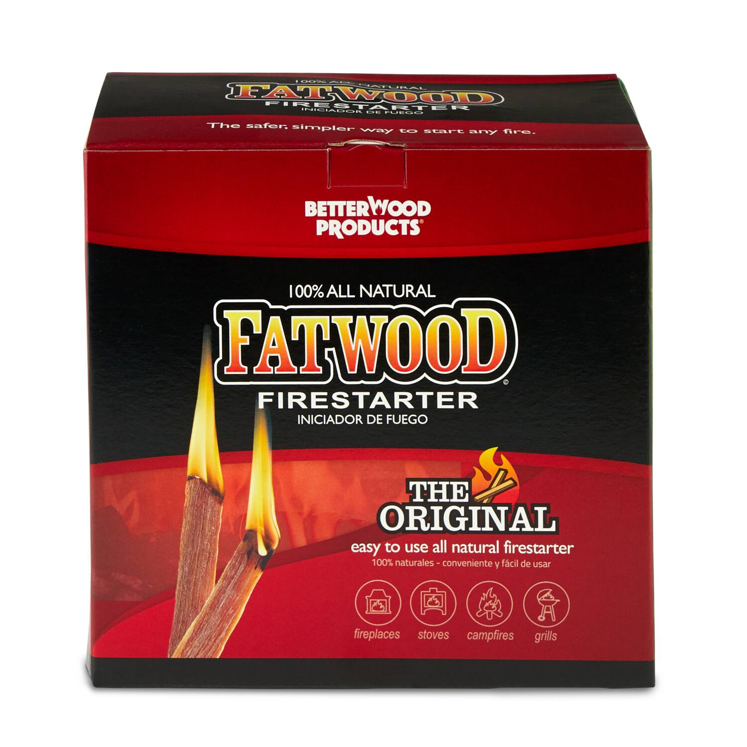 **BETTERWOOD PRODUCTS**

**100% ALL NATURAL FATWOOD FIRESTARTER**

**INICIADOR DE FUEGO**

**THE ORIGINAL**

**easy to use all natural firestarter**

**100% naturales - conveniente y fácil de usar**

**fireplaces stoves campfires grills**