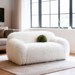 Vaczon - Faux Fur Loveseat Sofa Cozy Shaggy Plush Chair for Home Apartment or Lounge Area with Accent Pillows - White