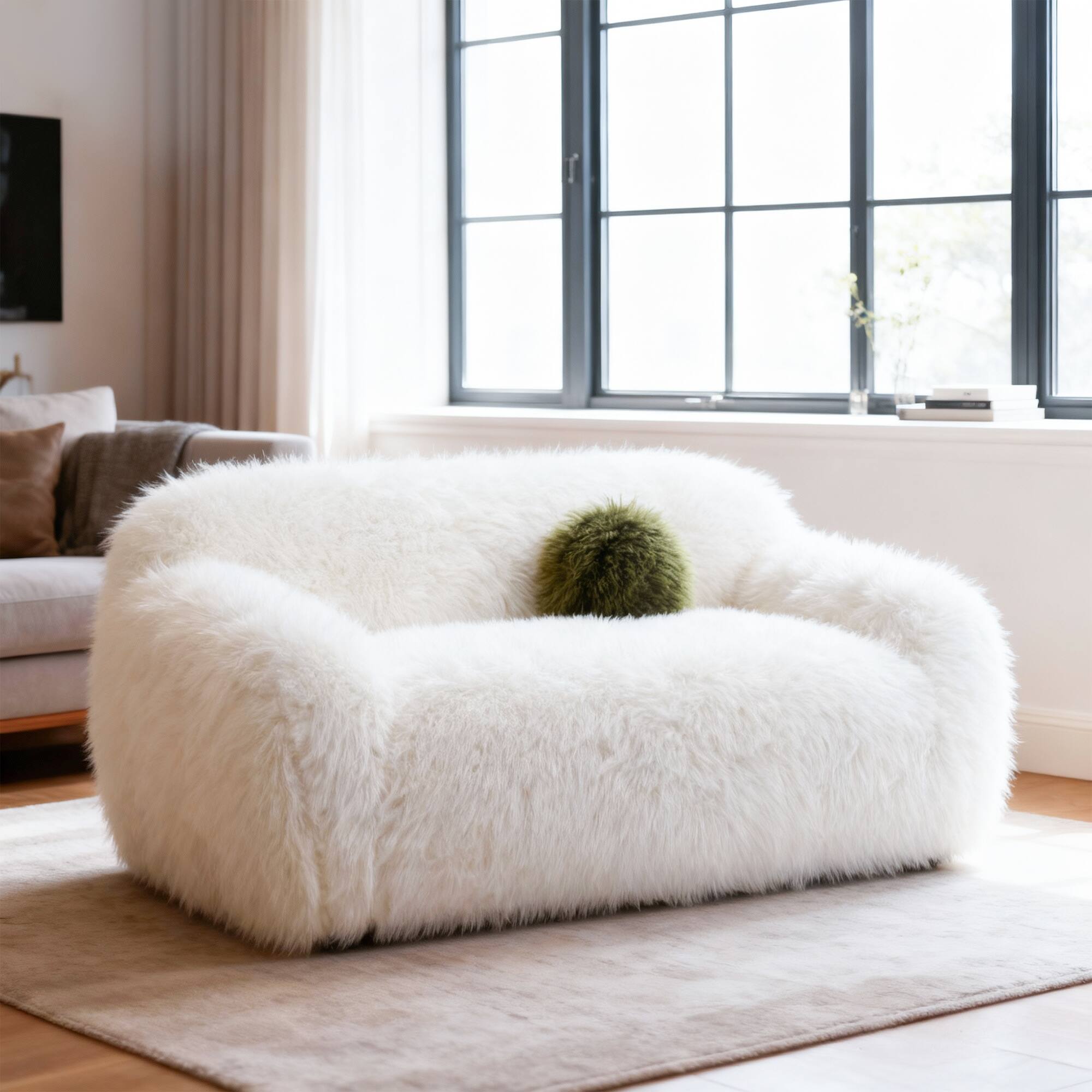 Angle. Vaczon - Faux Fur Loveseat Chair Cozy Shaggy Plush Sofa for Home, Apartment, Lounge Area with Accent Pillows - White.