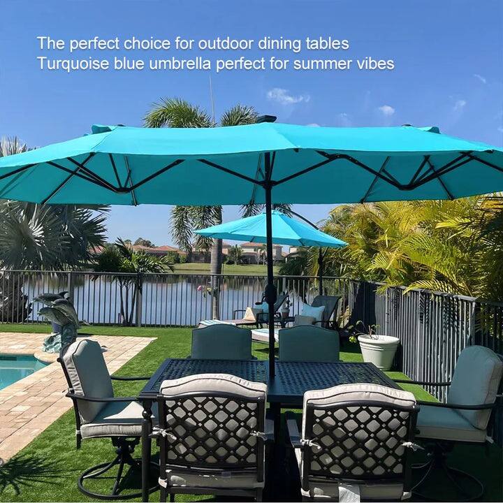 The perfect choice for outdoor dining tables  
Turquoise blue umbrella perfect for summer vibes