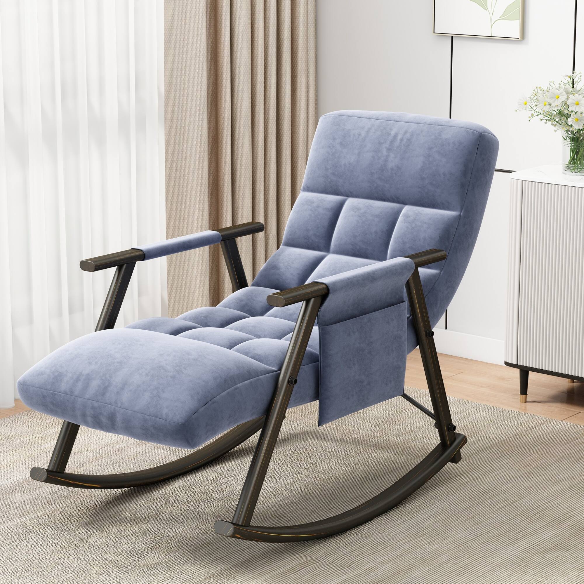Angle. GOODSILO - Adjustable High Back Casual Rocking Chair with Footrest and Side Pockets for Living Room Bedroom or Balcony - Blue.