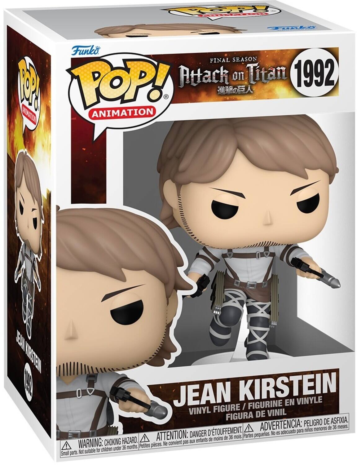 Sure, here is the corrected and grouped text from the image:

---

**Funko POP! ANIMATION**

**FINAL SEASON**  
**Attack on Titan**  
**1992**

**JEAN KIRSTEIN**  
VINYL FIGURE / FIGURINE EN VINYLE / FIGURA DE VINIL

**WARNING: CHOKING HAZARD**  
Small parts. Not suitable for children under 36 months.  
ATTENTION: DANGER D'ÉTOUFFEMENT.  
Pequeñas piezas. No conviene para niños menores de 36 meses.  
ADVERTENCIA: PELIGRO DE ASFIXIA.  
No es adecuado para niños menores de 36 meses.

---

This text is organized to reflect the information on the packaging of the Funko POP! figure.