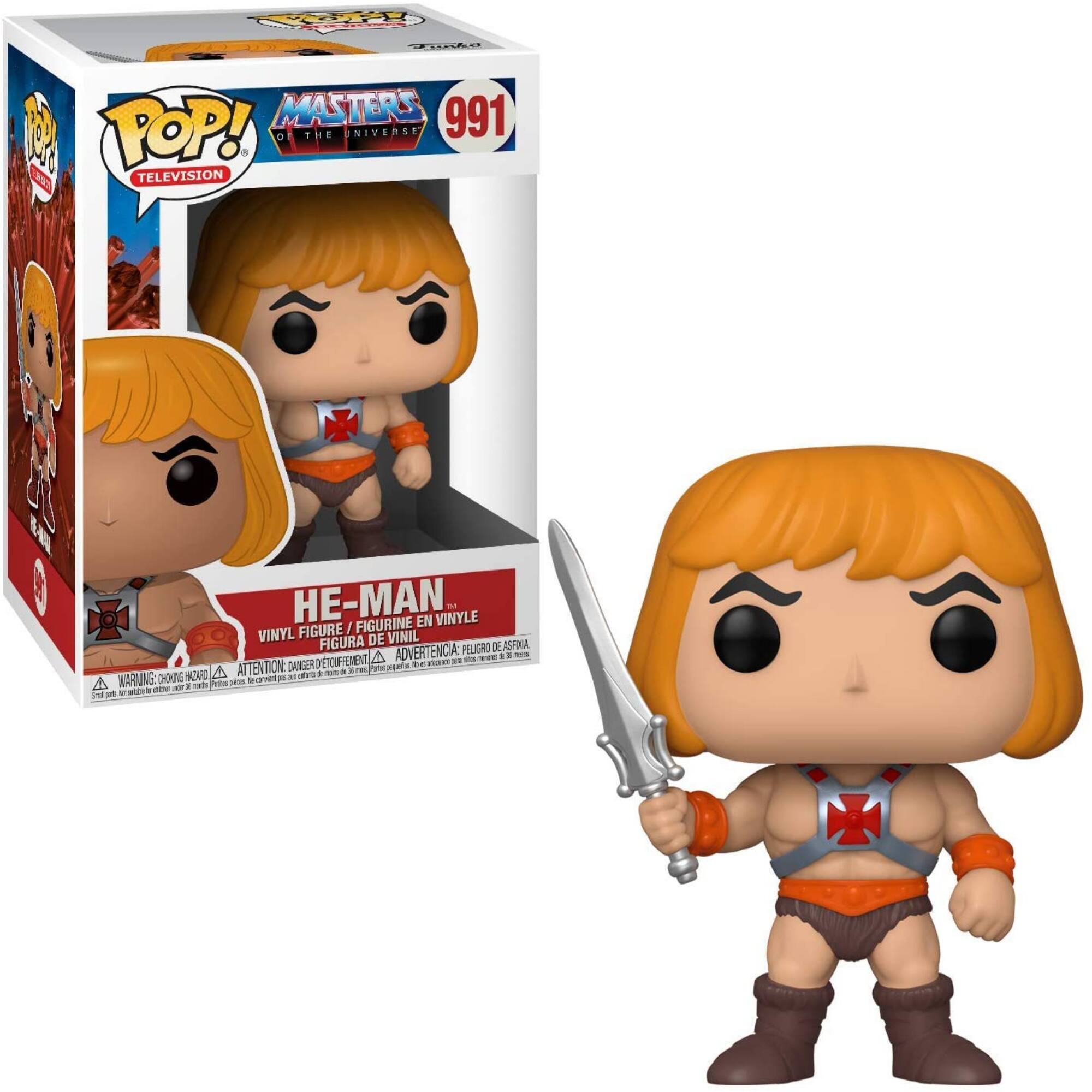 Sure, here is the corrected and grouped text from the image:

---

**POP! Masters of the Universe Television**

**991**

**He-Man**

**Vinyl Figure / Figurine en Vinyle / Figura de Vinil / Figura de Vinil**

**Warning: Choking Hazard**  
**Attention: Danger d'asphyxie**  
**Advertencia: Peligro de asfixia**

---

This text is from the packaging of the He-Man vinyl figure.