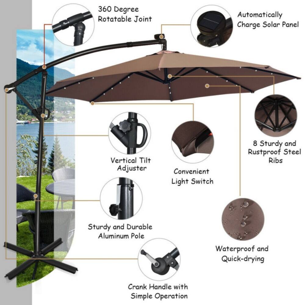 360 Degree Rotatable Joint  
Automatically Charge Solar Panel  
Vertical Tilt Adjuster  
Convenient Light Switch  
8 Sturdy and Rustproof Steel Ribs  
Sturdy and Durable Aluminum Pole  
Waterproof and Quick-drying  
Crank Handle with Simple Operation