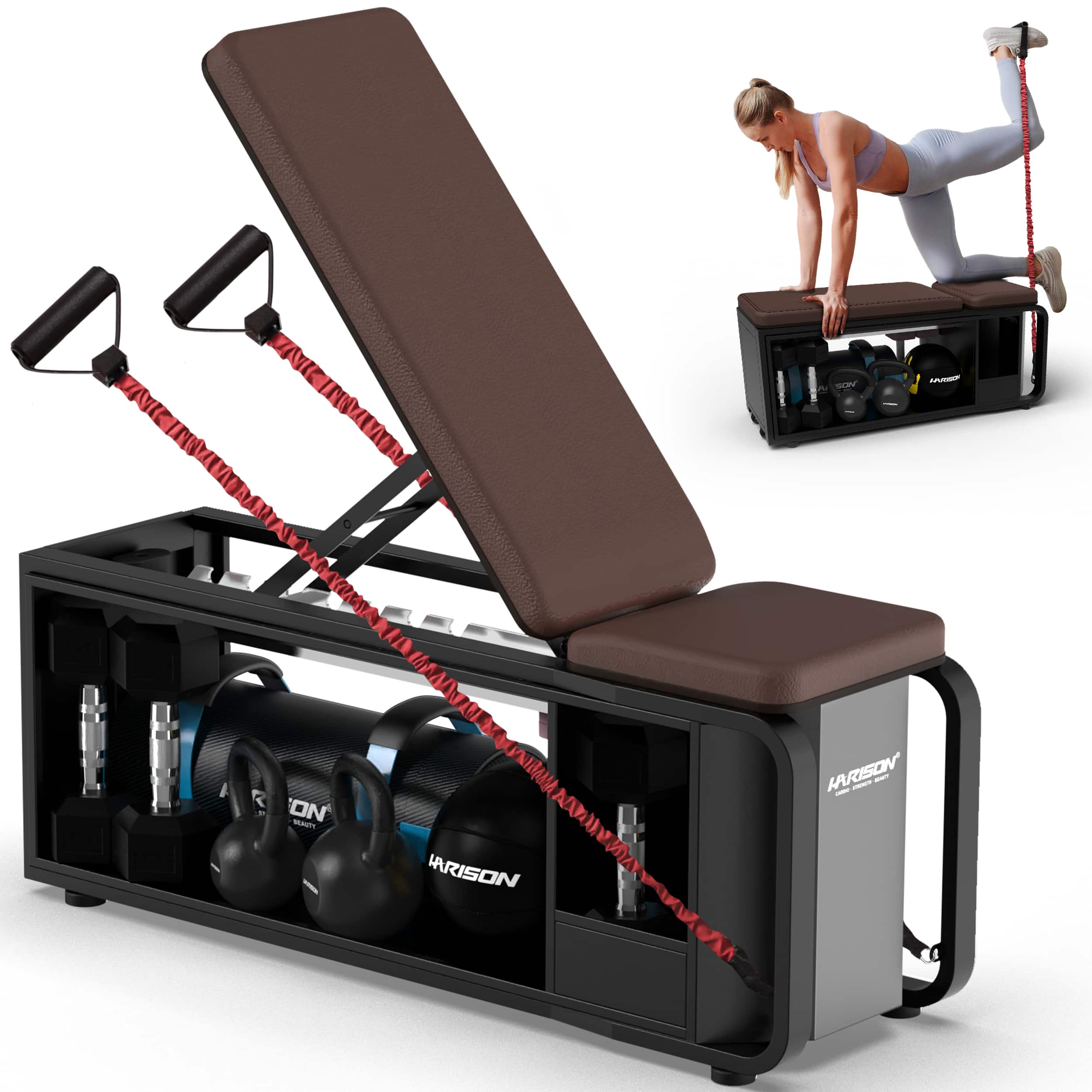HARISON - Adjustable Weight Bench for Home Gym, 1000 LB Capacity with Dumbbell Storage Rack & Resistance Bands (BB610) - Brown