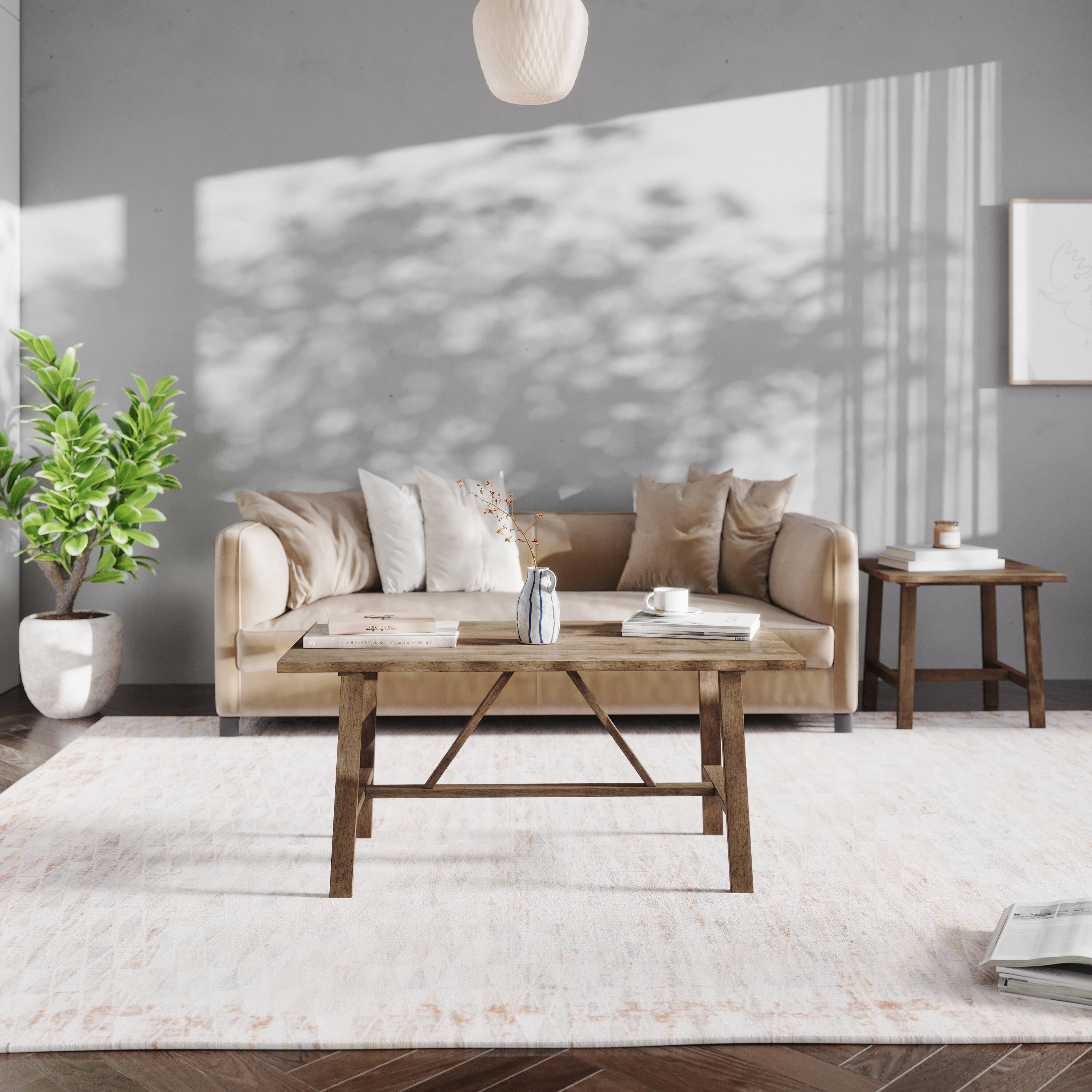 Front. Emma + Oliver - Saul Solid Wood Farmhouse Trestle Coffee Table - Rustic Brown.