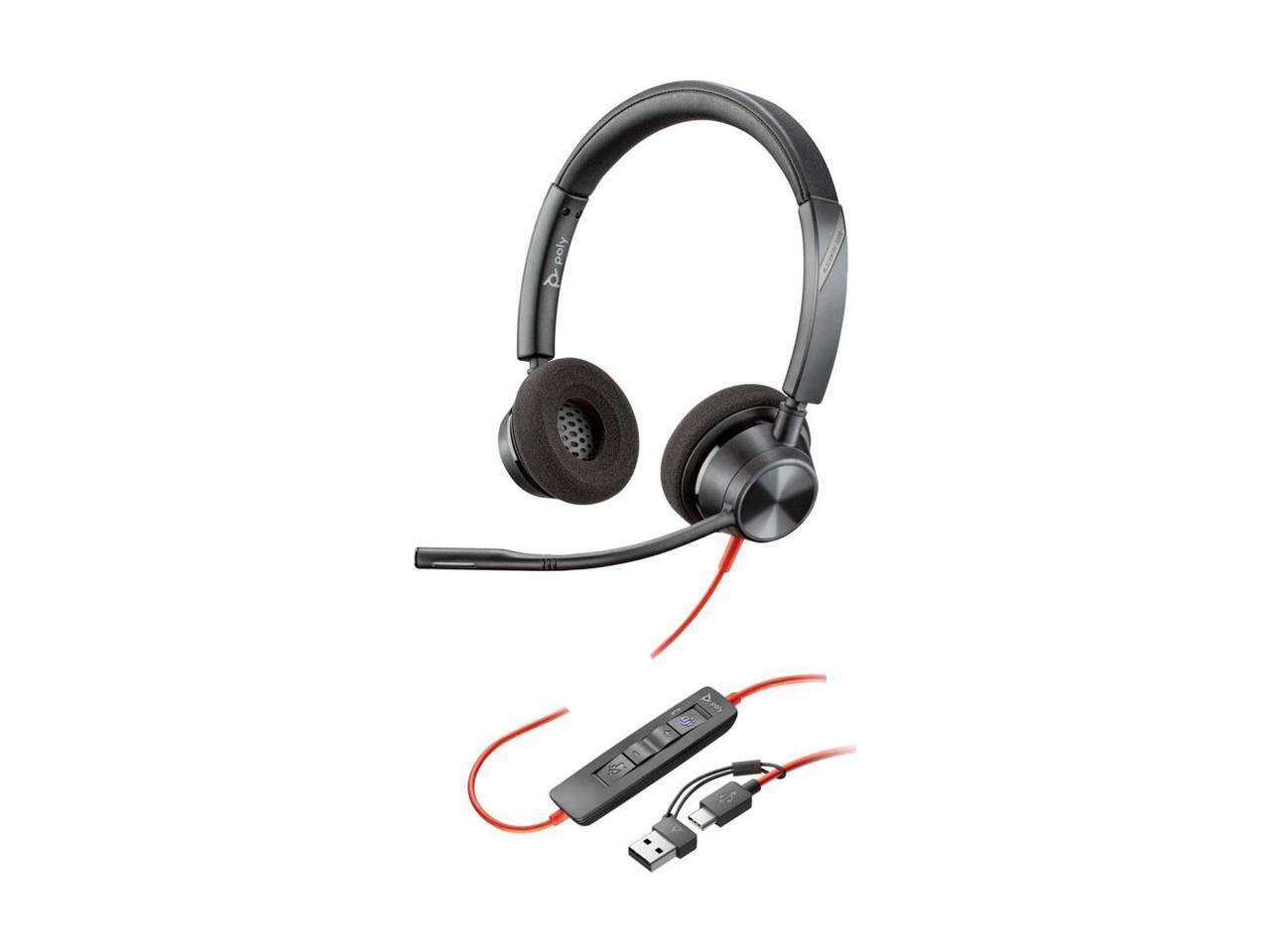 Alt View 2. HP - Poly Blackwire 3320 USB-C Headset w/Adapter - Stereo, 3.5mm, Wired, 32 Ohm, On-Ear, Binaural, 7.1ft, Omni Mic, Black - Red.