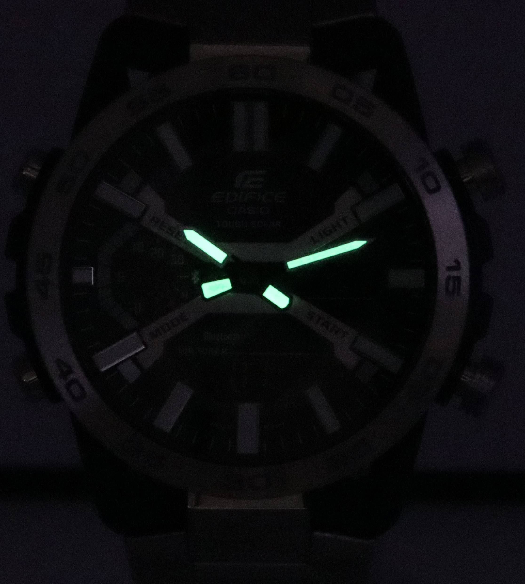 Sure, here is the corrected and grouped text from the image:

- EDIFICE
- CASIO
- TOUGH SOLAR
- LIGHT MODE
- START
- MODE
- RESIST
- 40
- 30
- 20
- 10
- 15
- 5