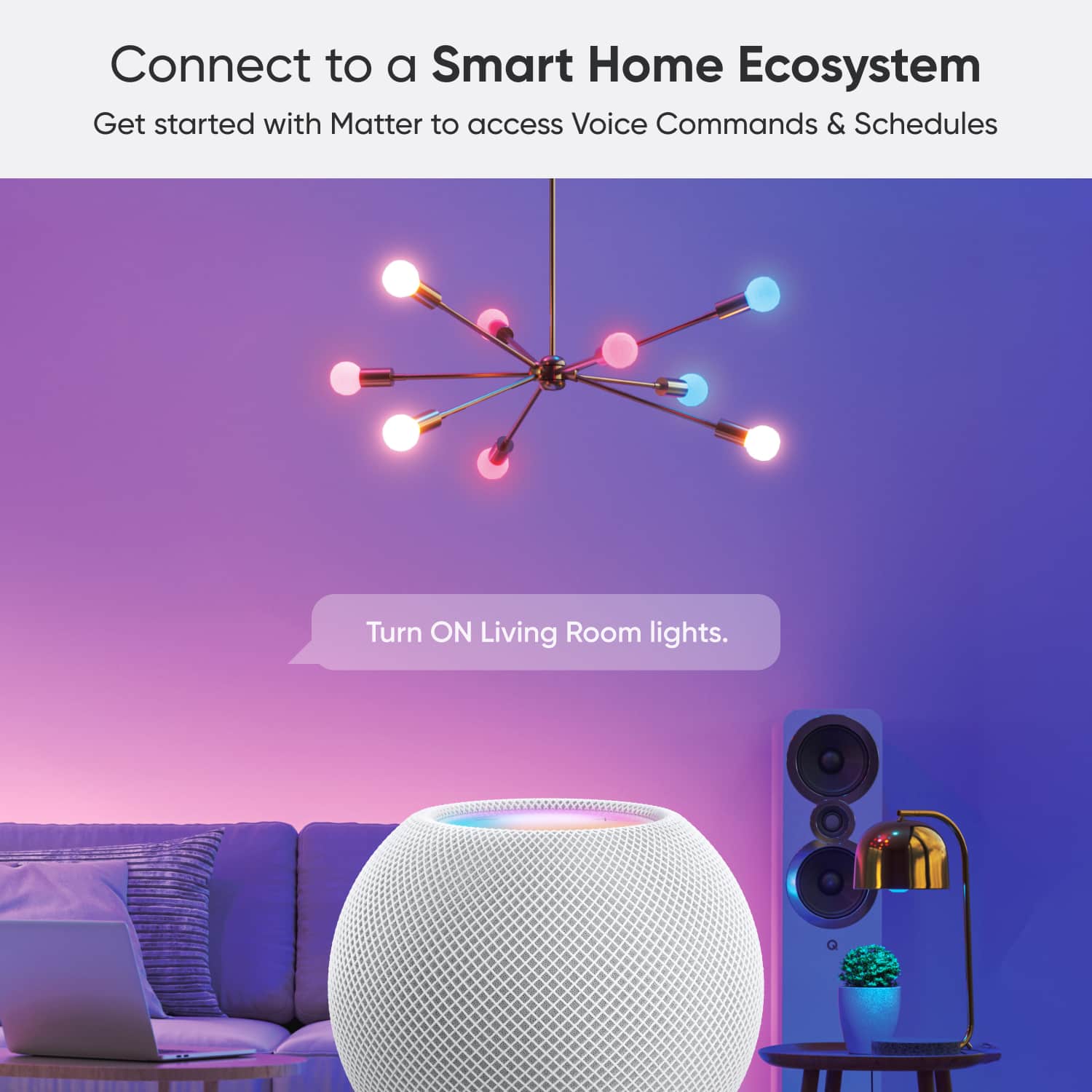 Connect to a Smart Home Ecosystem. Get started with Matter to access Voice Commands & Schedules. Turn ON Living Room lights.