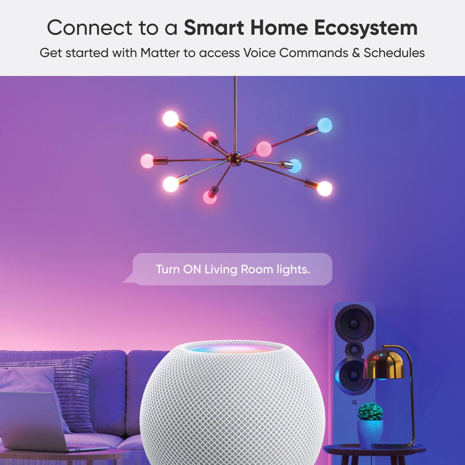 Connect to a Smart Home Ecosystem. Get started with Matter to access Voice Commands & Schedules. Turn ON Living Room lights.