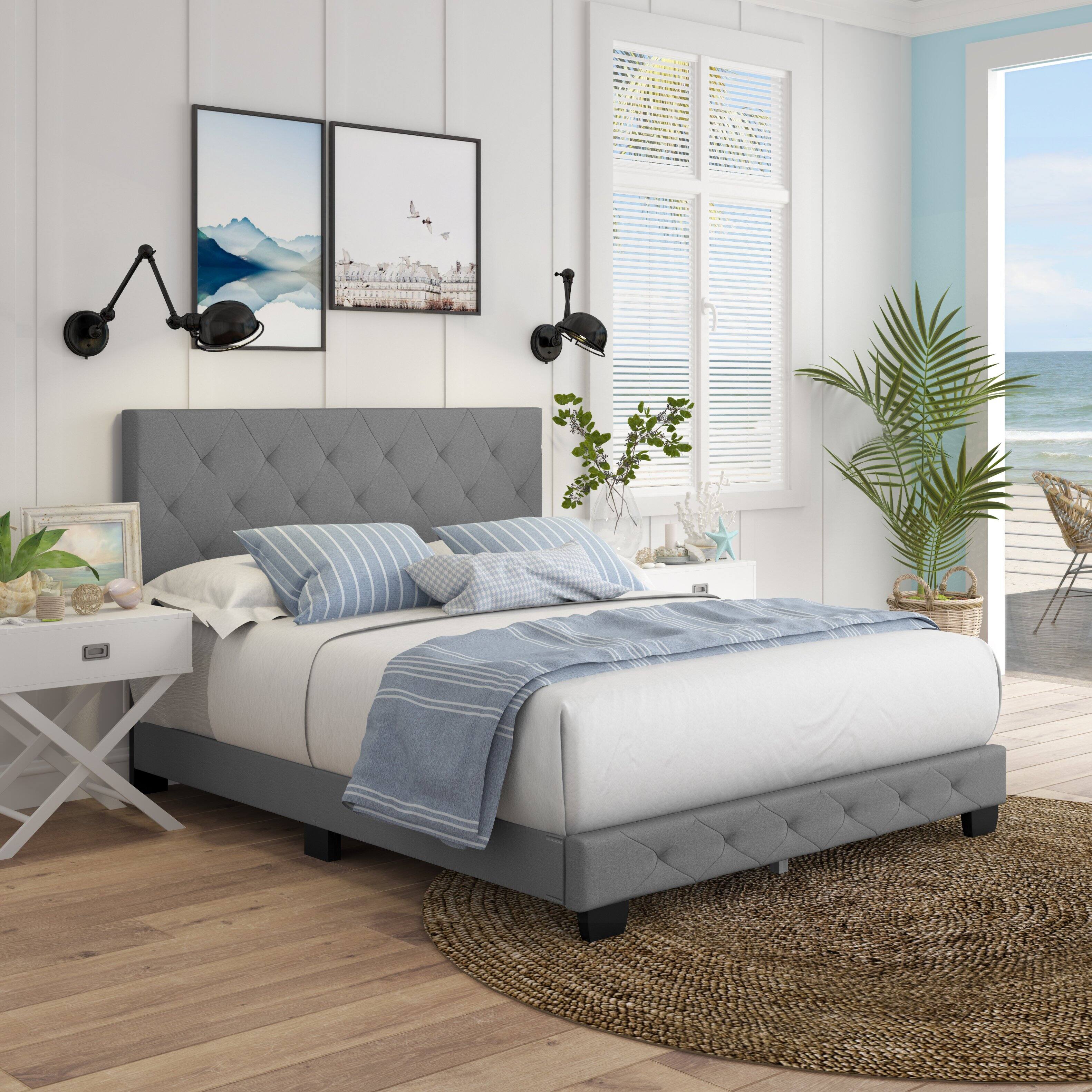 Alt View 5. Boyd Sleep - Chloe Upholstered Platform Bed Frame, 14 Slat Wood Support System, Queen - Gray.