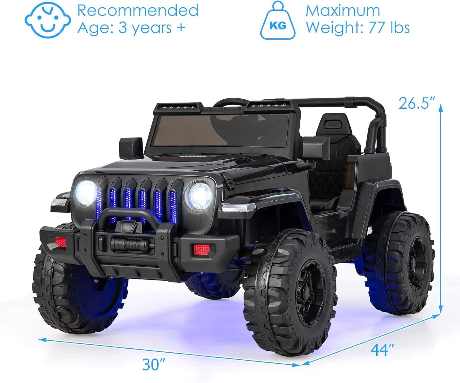 Recommended Age: 3 years +  
Maximum Weight: 77 lbs  

26.5"  
30"  
44"