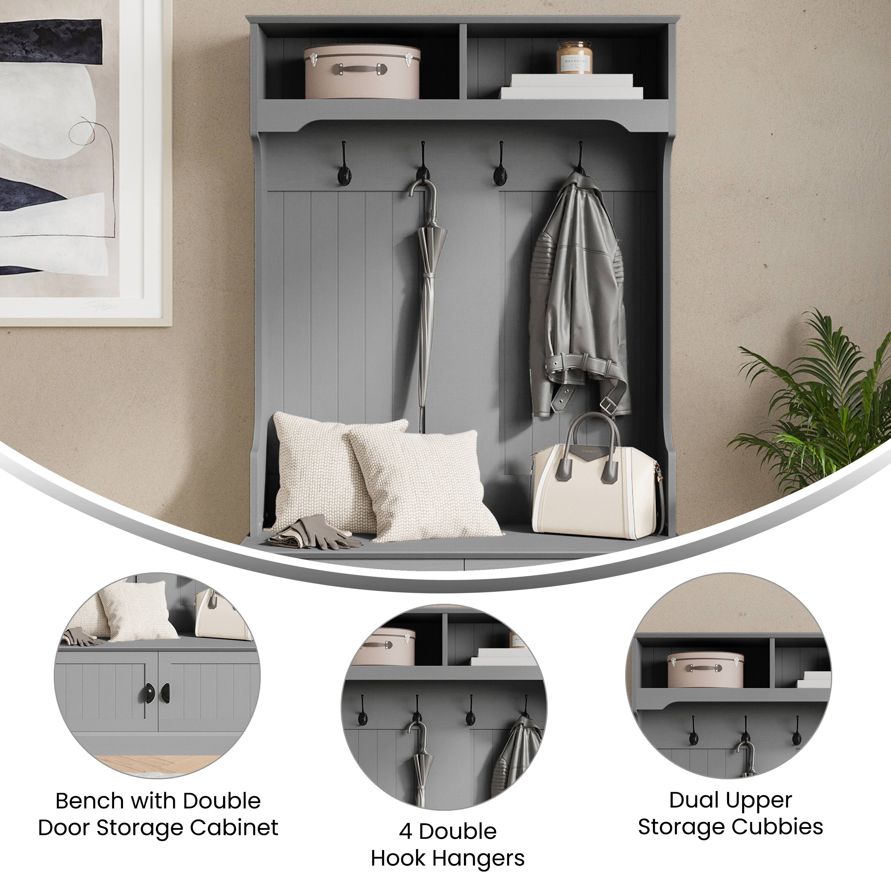 Bench with Double Door Storage Cabinet  
4 Double Hook Hangers  
Dual Upper Storage Cubbies