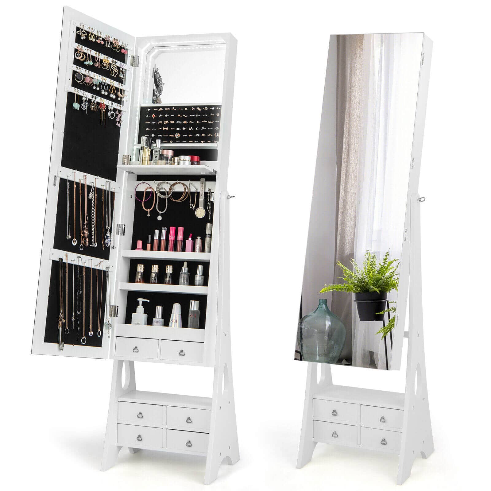 Ecooso - Freestanding LED Jewelry Armoire with Full-Length Mirror, Lock and 6 Drawers