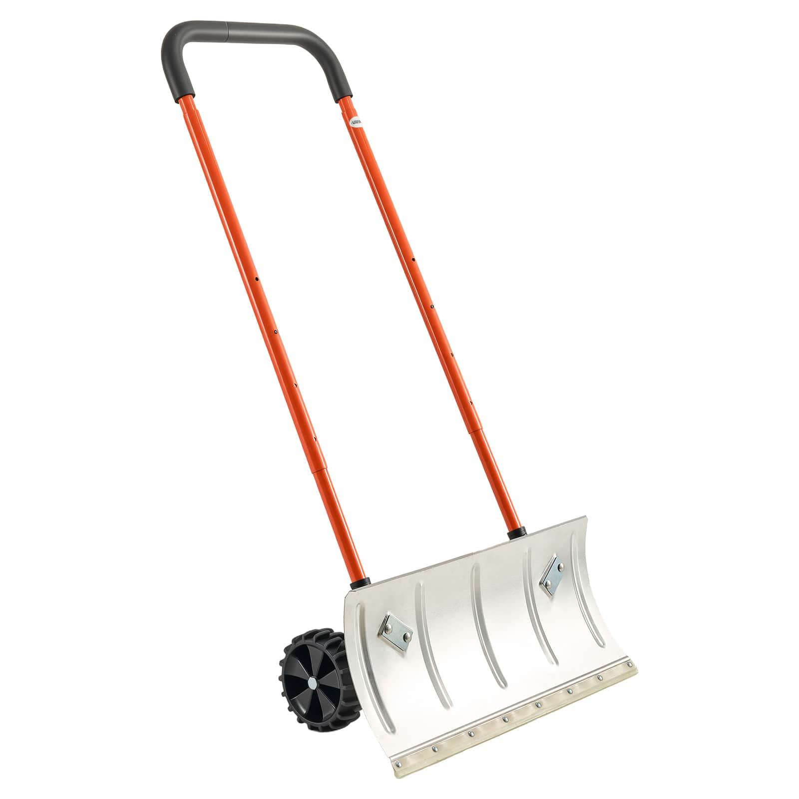 Front. VEVOR - Snow Pusher Shovel with Wheels,24in Wheeled Snowplow Shovel with Bi-Directional Angled Blade&90 Degree Adjustable Handle - Gray, orange, black.