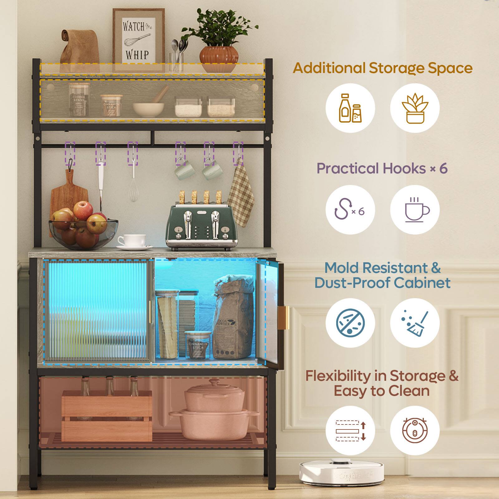 - Additional Storage Space
- Practical Hooks x 6
- Mold Resistant & Dust-Proof Cabinet
- Flexibility in Storage & Easy to Clean