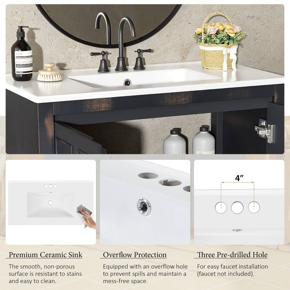 4"  
Premium Ceramic Sink  
Overflow Protection  
Three Pre-drilled Hole  

The smooth, non-porous surface is resistant to stains and easy to clean.  
Equipped with an overflow hole to prevent spills and maintain a mess-free space.  
For easy faucet installation (faucet not included).