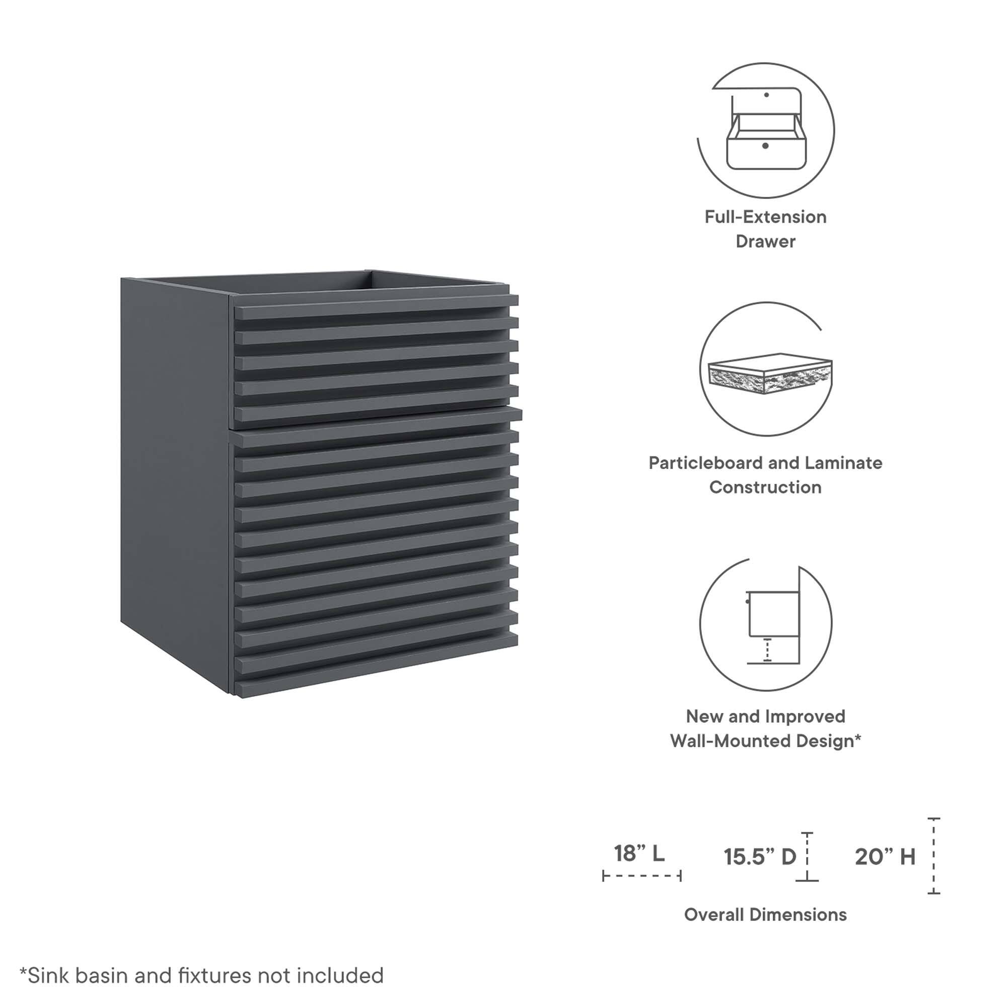 Full-Extension Drawer  
Particleboard and Laminate Construction  
New and Improved Wall-Mounted Design*  

18" L  
15.5" D  
20" H  

Overall Dimensions  

*Sink basin and fixtures not included