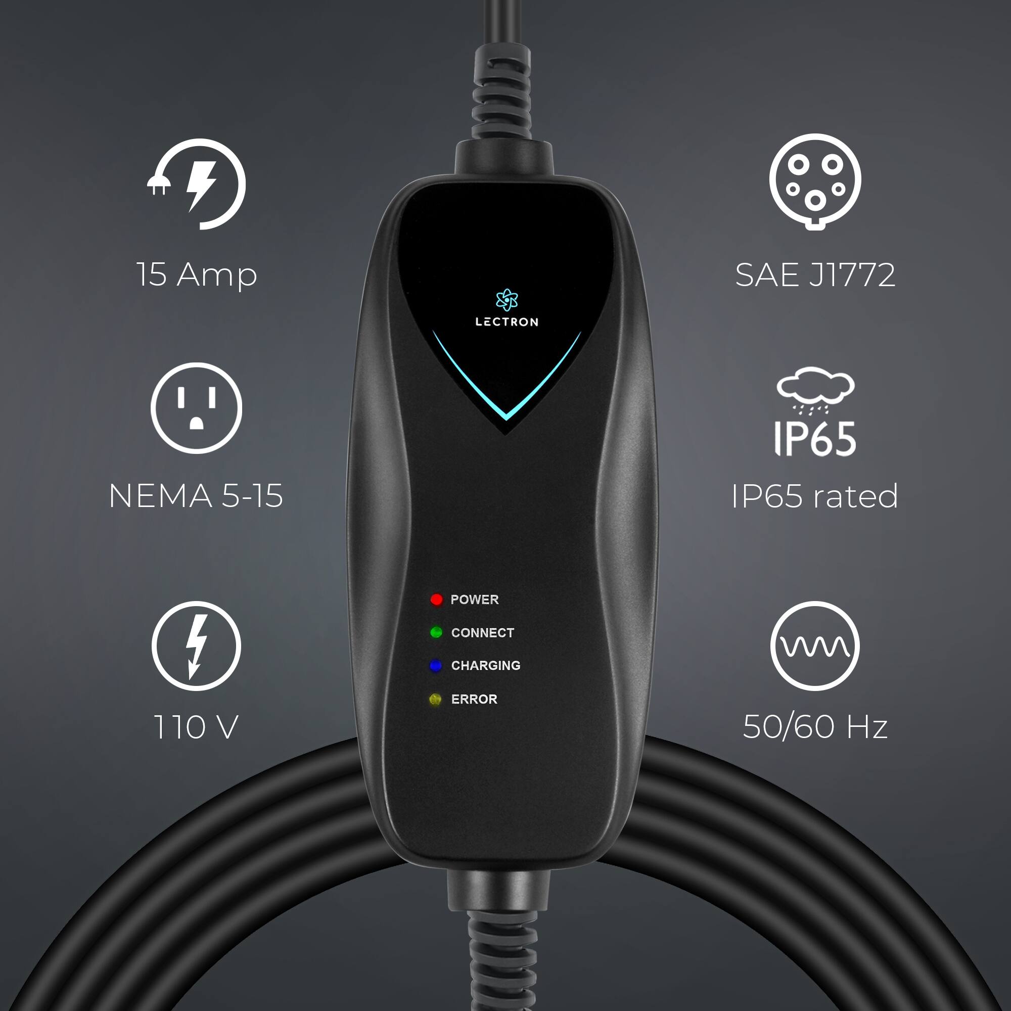 The text on the image is grouped and corrected as follows:
15 Amp SAE J1772 LECTRON NEMA 5-15 IP65 IP65 rated 4 110 V POWER CONNECT CHARGING ERROR 50/60 Hz
