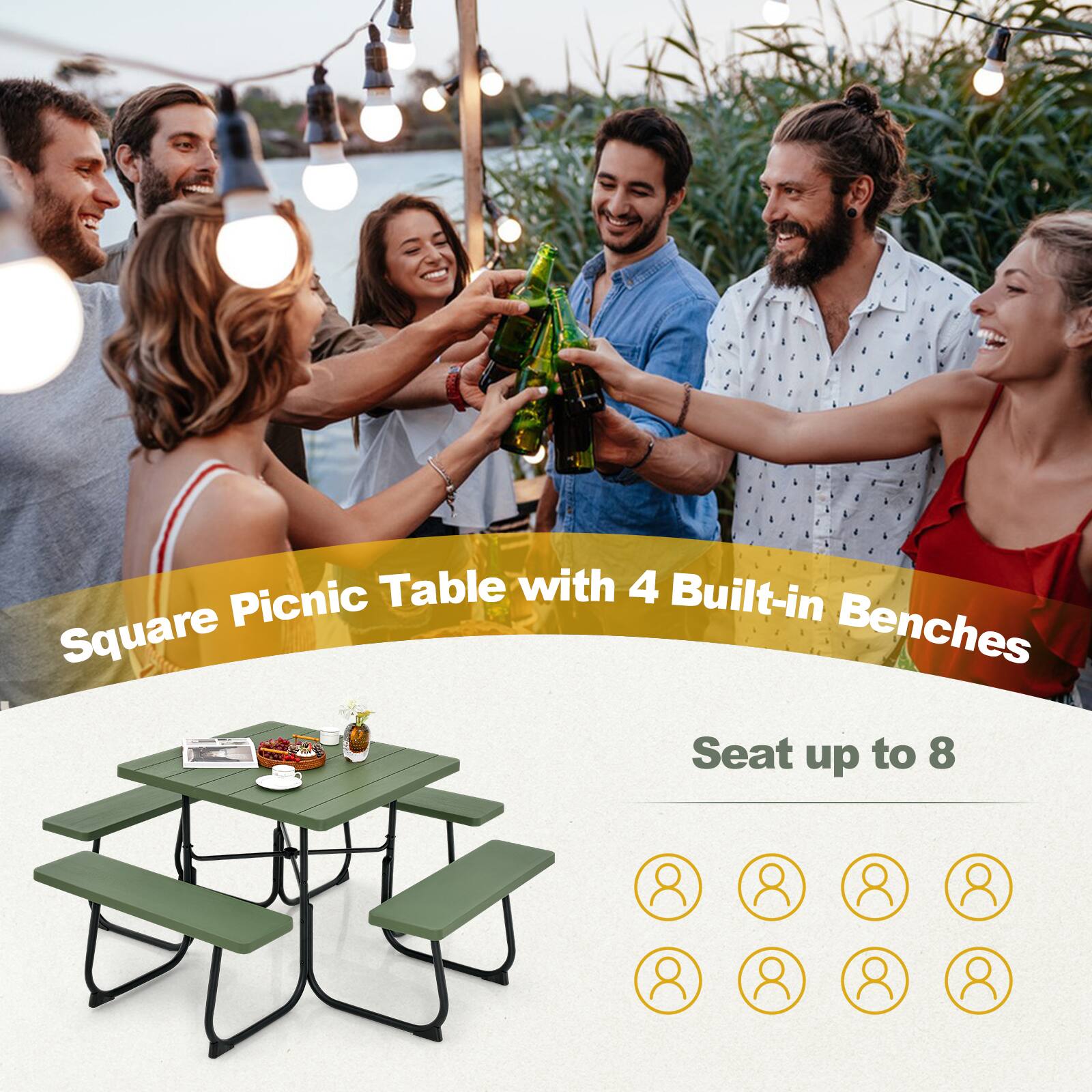 Square Picnic Table with 4 Built-in Benches  
Seat up to 8