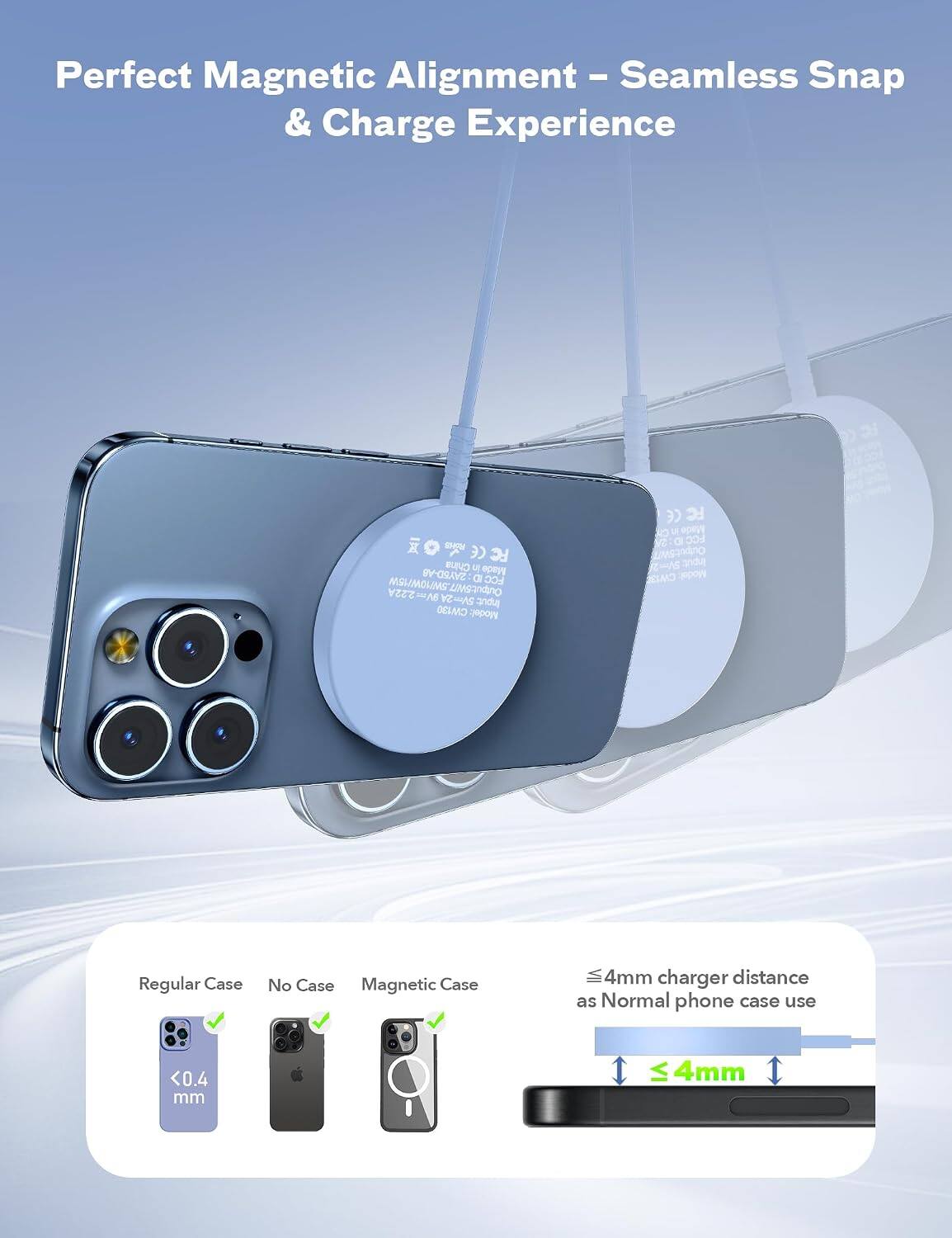 Perfect Magnetic Alignment - Seamless Snap & Charge Experience

STARK CE China in Made 2AY5D-AB FCC MSHMING Output: 5WI7 2.22A NB 5Vrn2A Input: CM130 Model: CE FC 40 Made ID FCC Output.SWT andult CAM3 Model:

Regular Case
No Case
Magnetic Case
<0.4 mm
4mm charger distance as Normal phone case use